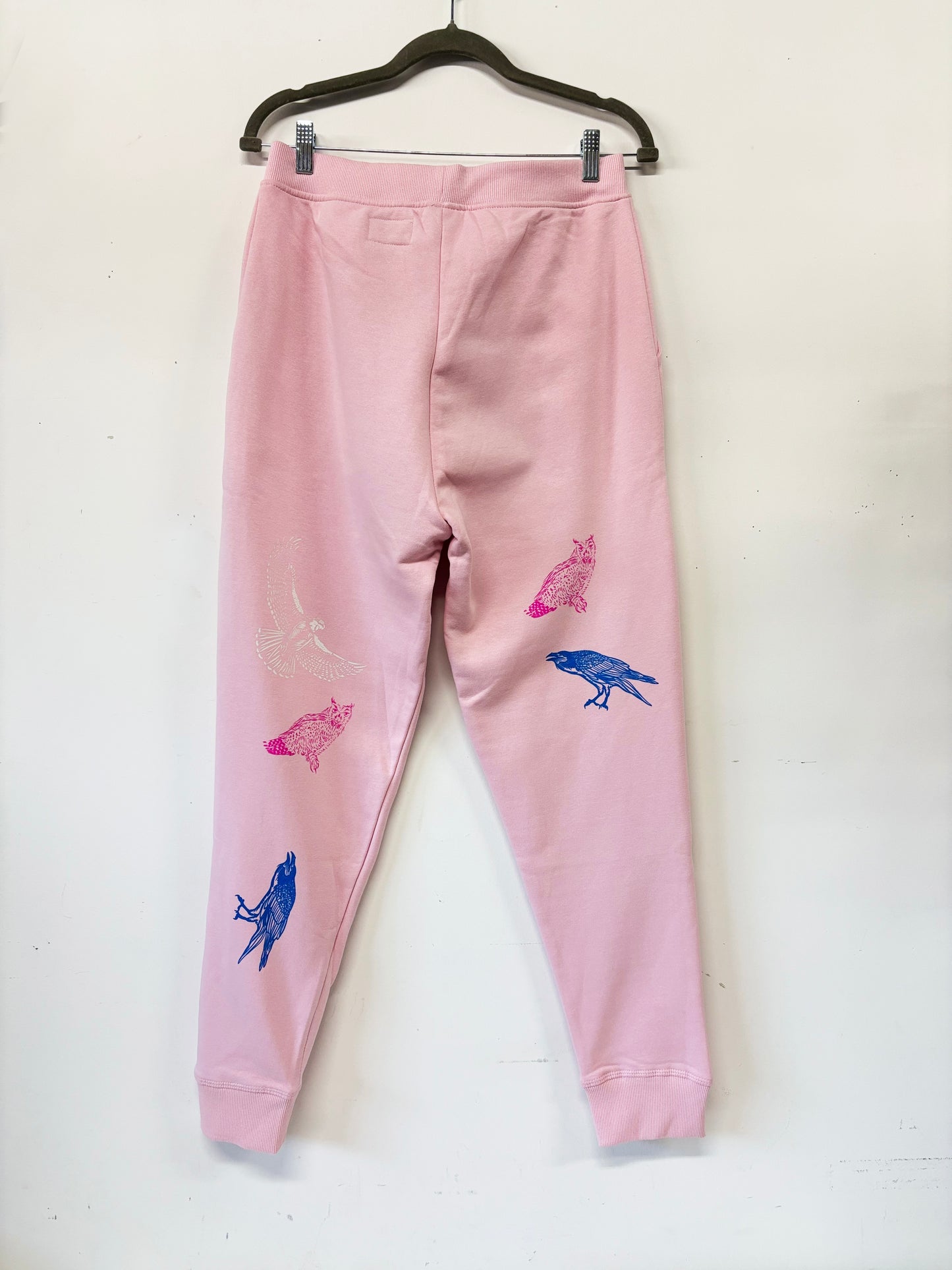 Pink Joggers - Blue Raven Pinnk Owl White Hawk - Hand Printed - One of a Kind - Apparel