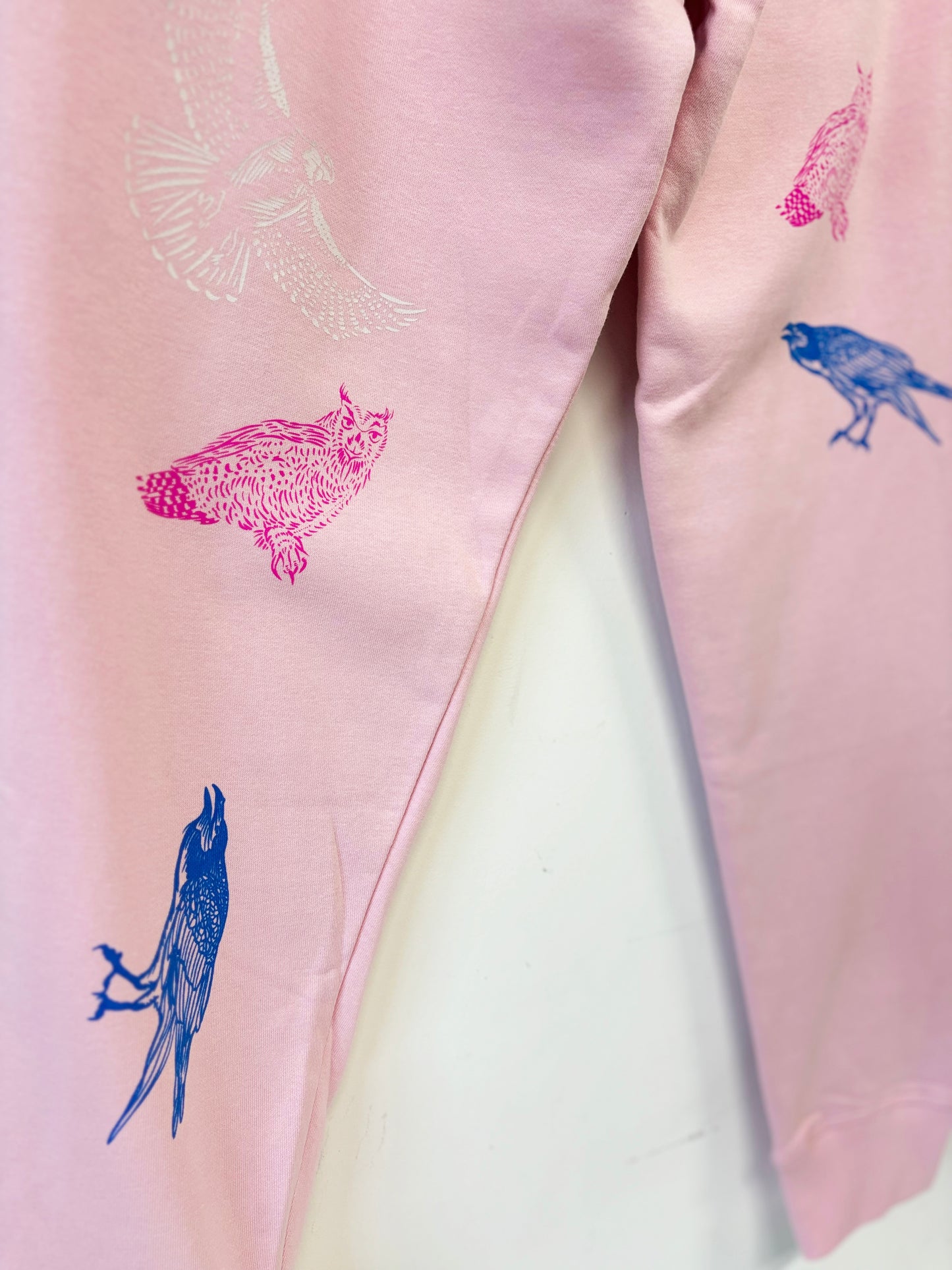 Pink Joggers - Blue Raven Pinnk Owl White Hawk - Hand Printed - One of a Kind - Apparel