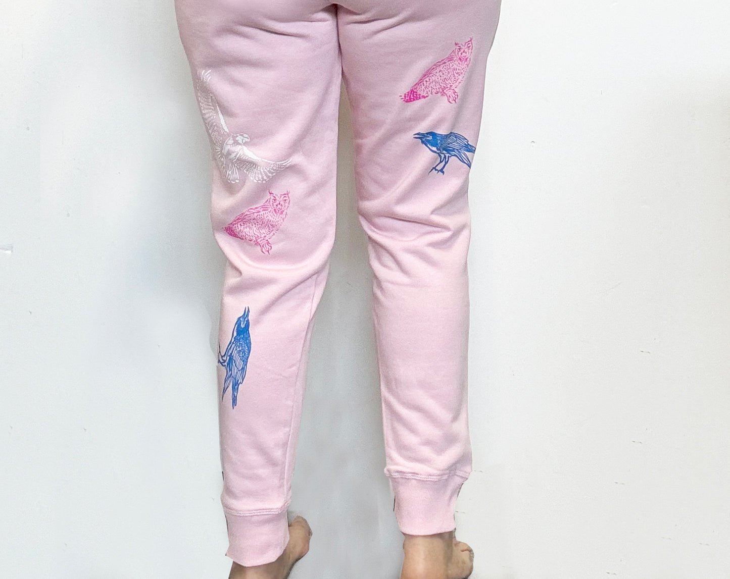 Pink Joggers - Blue Raven Pinnk Owl White Hawk - Hand Printed - One of a Kind - Apparel