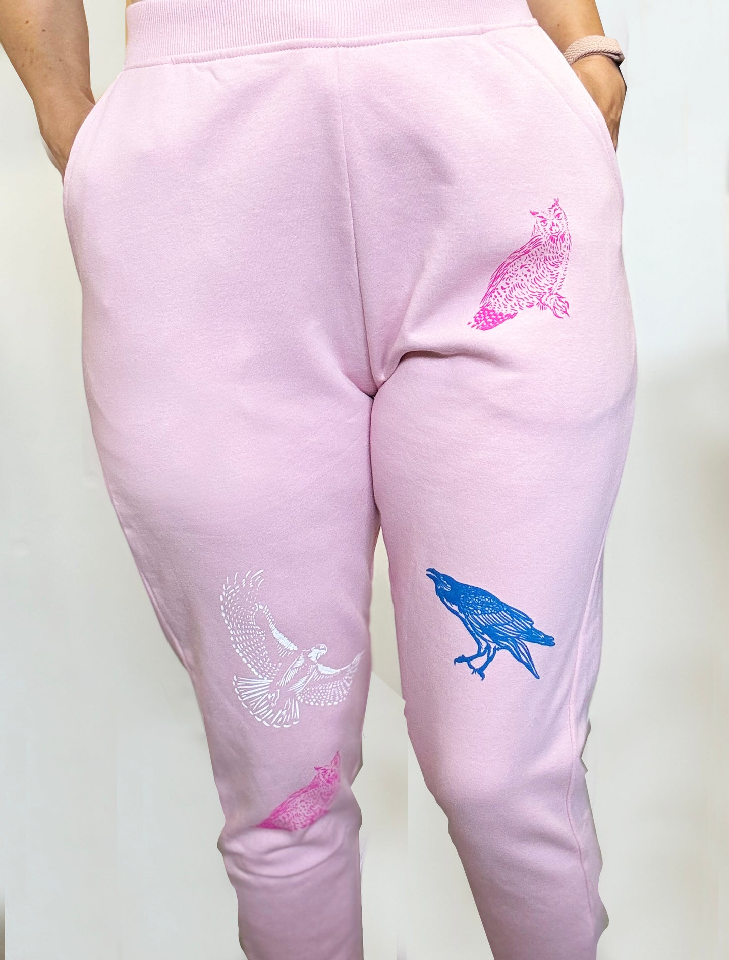 Pink Joggers - Blue Raven Pinnk Owl White Hawk - Hand Printed - One of a Kind - Apparel