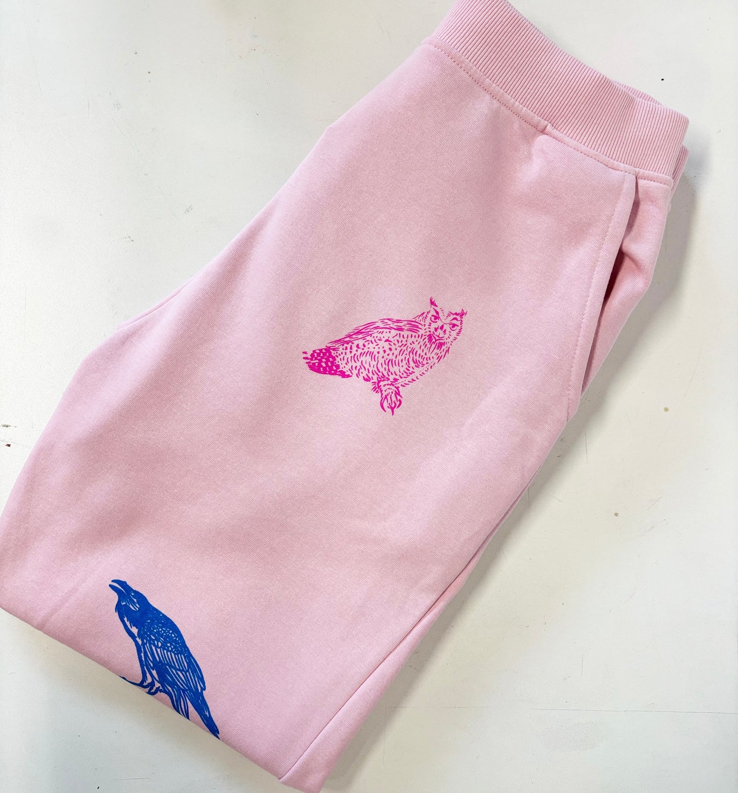 Pink Joggers - Blue Raven Pinnk Owl White Hawk - Hand Printed - One of a Kind - Apparel