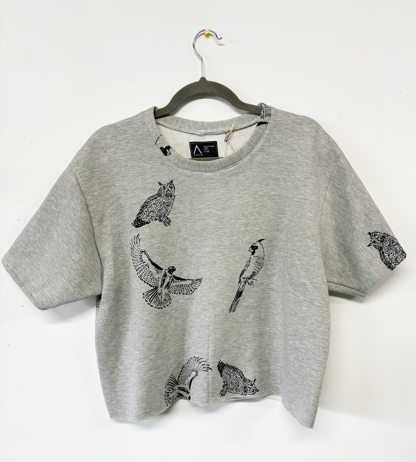 Grey Fleece Short Sleeve Sweatshirt - Black Birds - Hand Printed - One of a Kind - Apparel