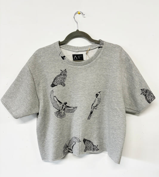 Grey Fleece Short Sleeve Sweatshirt - Black Birds - Hand Printed - One of a Kind - Apparel