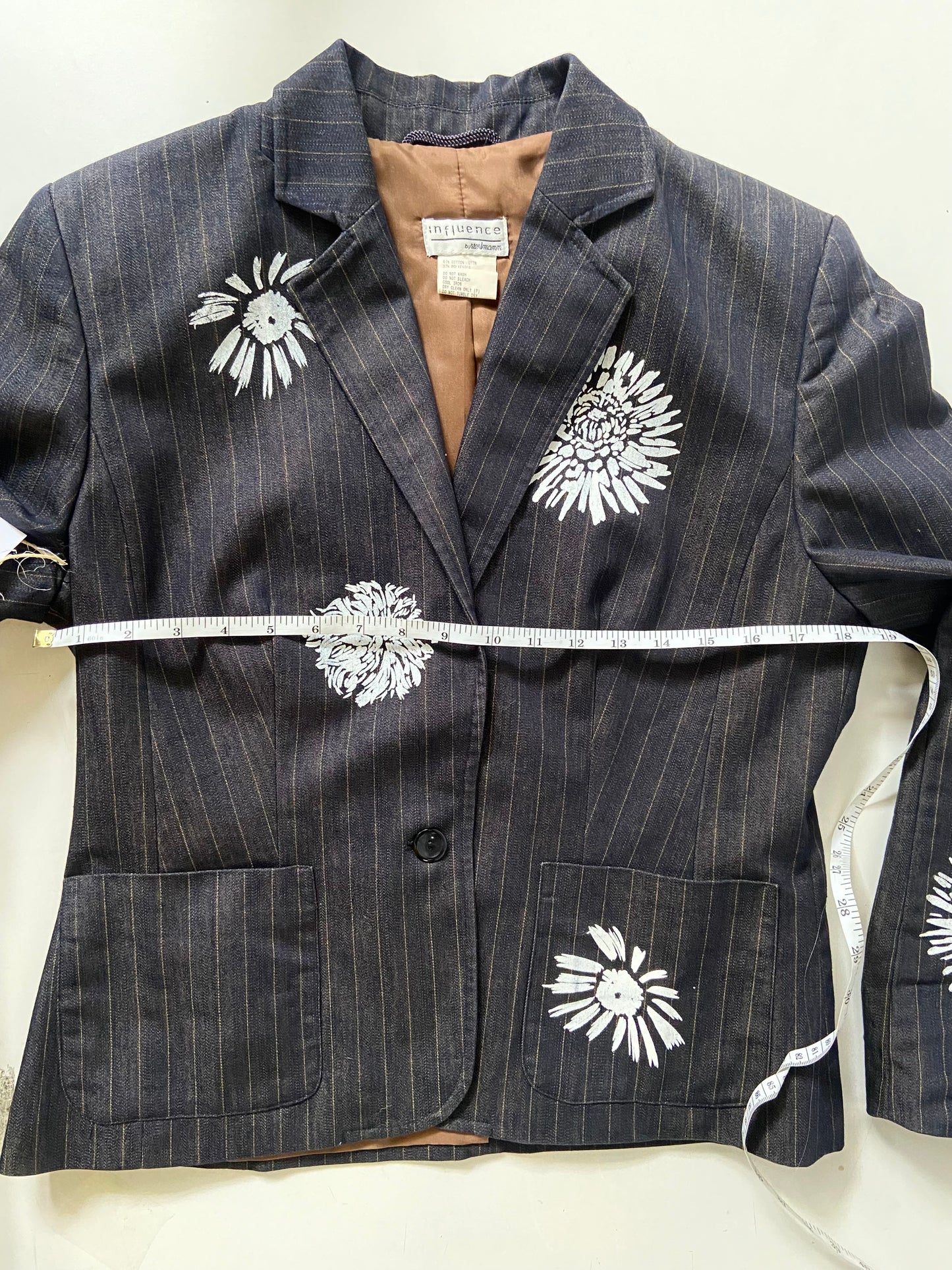 One of a Kind Hand Printed Flowers on Striped Blazer