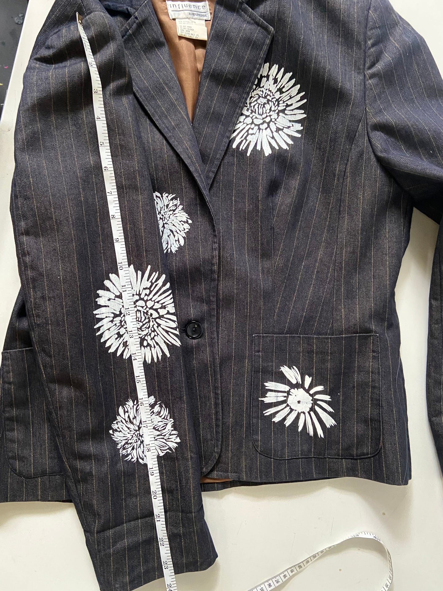 One of a Kind Hand Printed Flowers on Striped Blazer