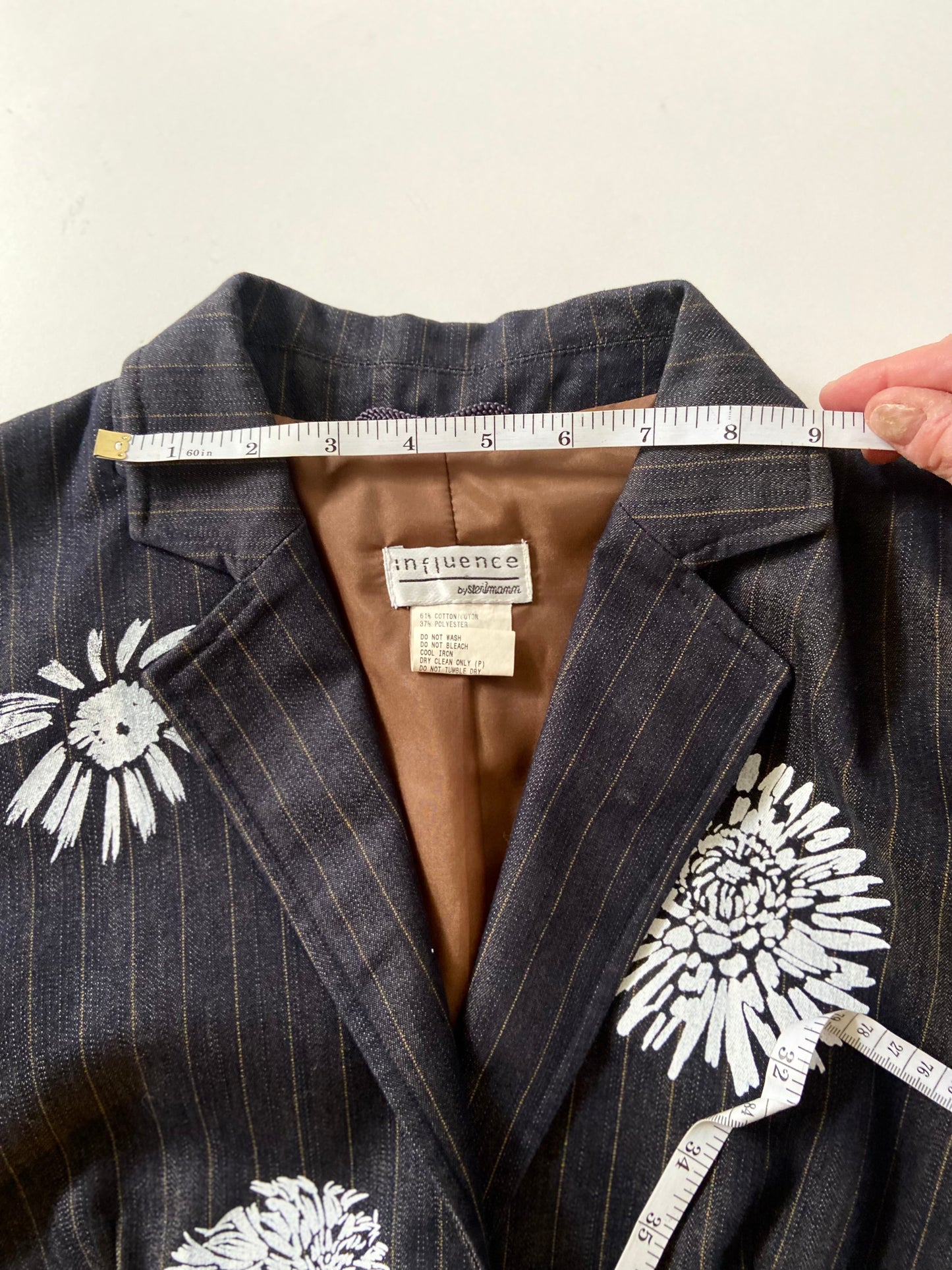 One of a Kind Hand Printed Flowers on Striped Blazer