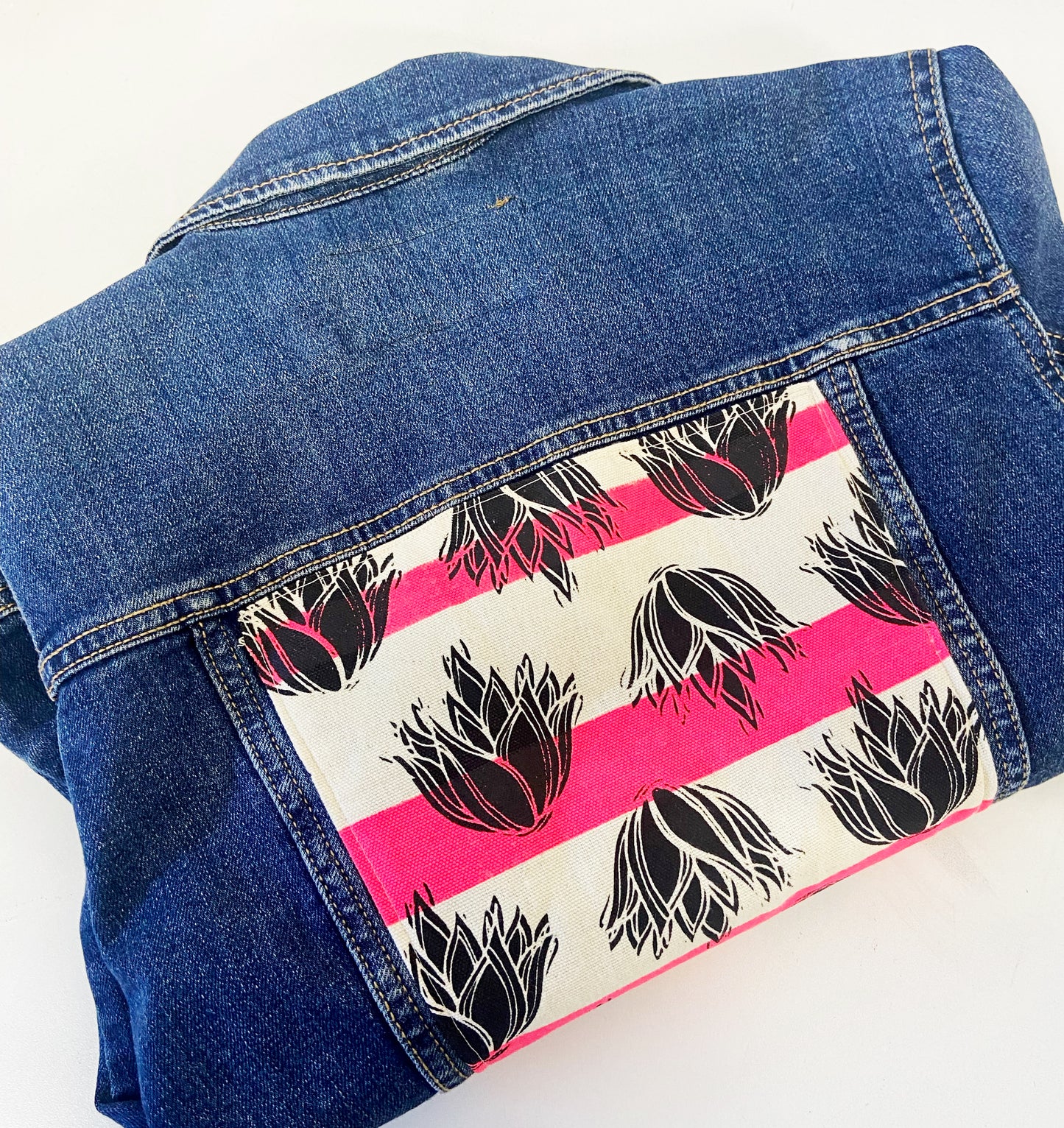 One of a Kind Upcycled Jean with Hand Printed Pink Agave Cactus Cotton Fabric