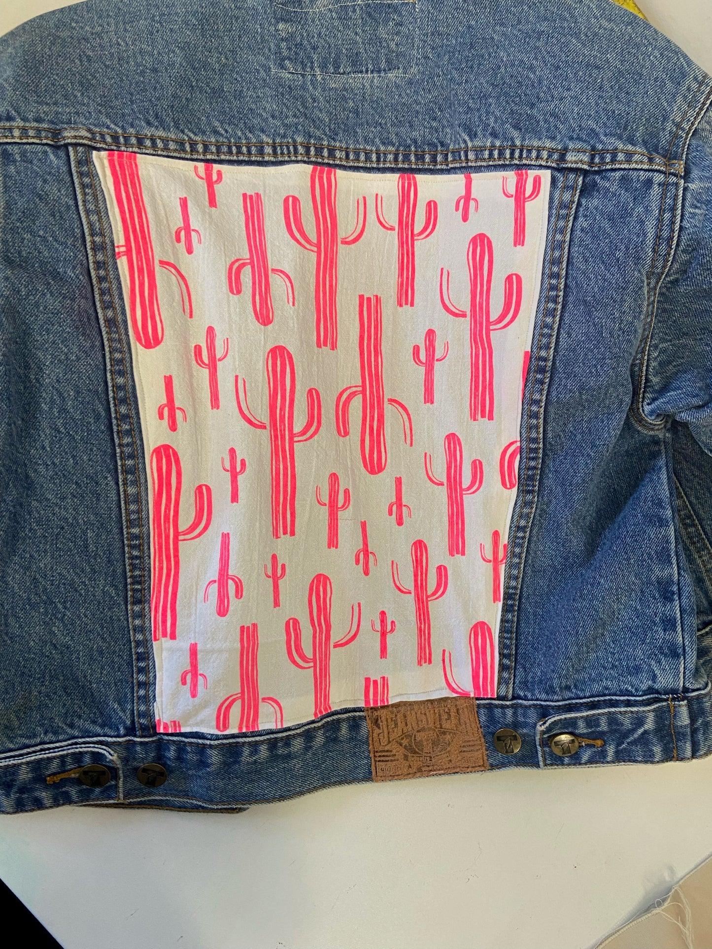 One of a Kind Upcycled KIDS Jean Jacket with Hand Printed Hot Pink Saguaro Cactus Cotton Fabric