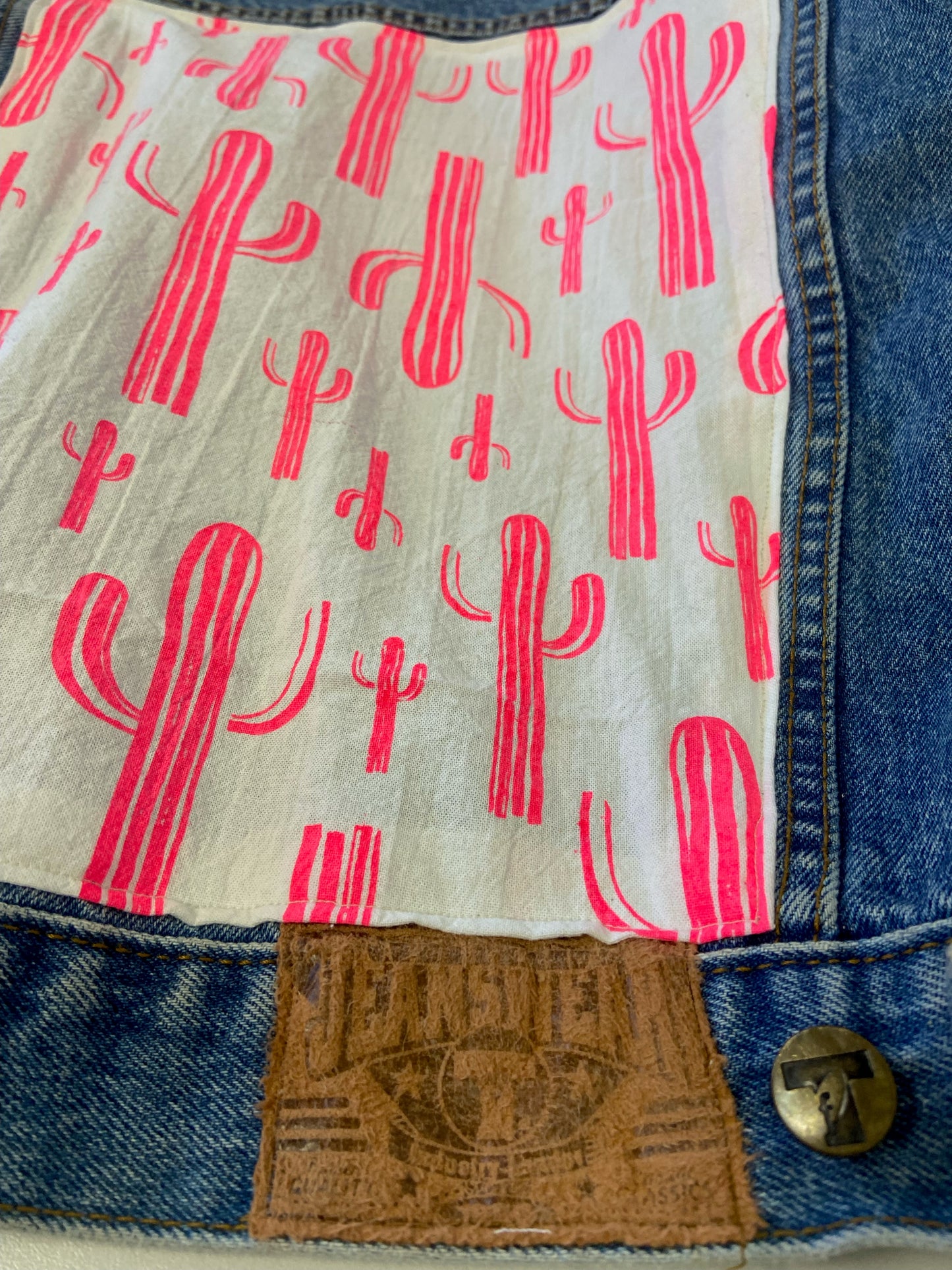 One of a Kind Upcycled KIDS Jean Jacket with Hand Printed Hot Pink Saguaro Cactus Cotton Fabric