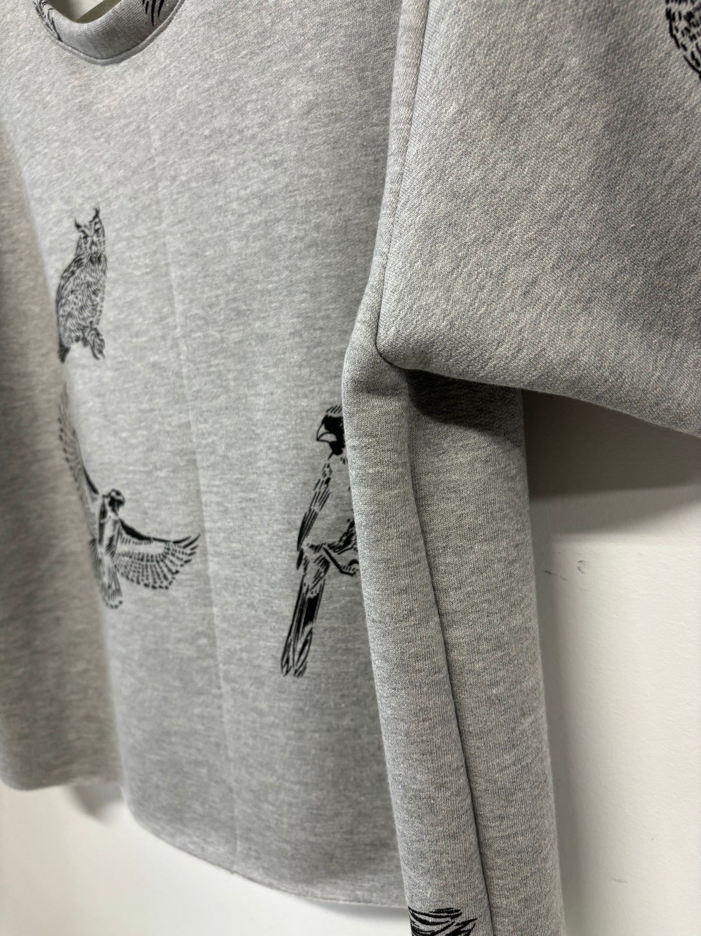 Grey Fleece Short Sleeve Sweatshirt - Black Birds - Hand Printed - One of a Kind - Apparel