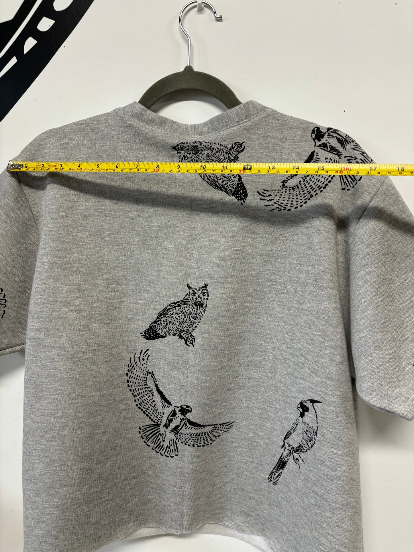 Grey Fleece Short Sleeve Sweatshirt - Black Birds - Hand Printed - One of a Kind - Apparel