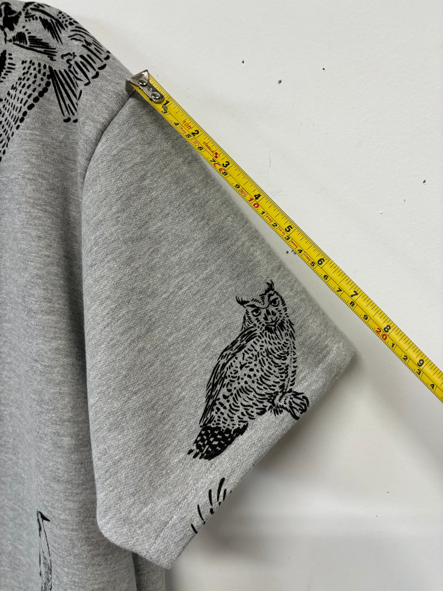 Grey Fleece Short Sleeve Sweatshirt - Black Birds - Hand Printed - One of a Kind - Apparel