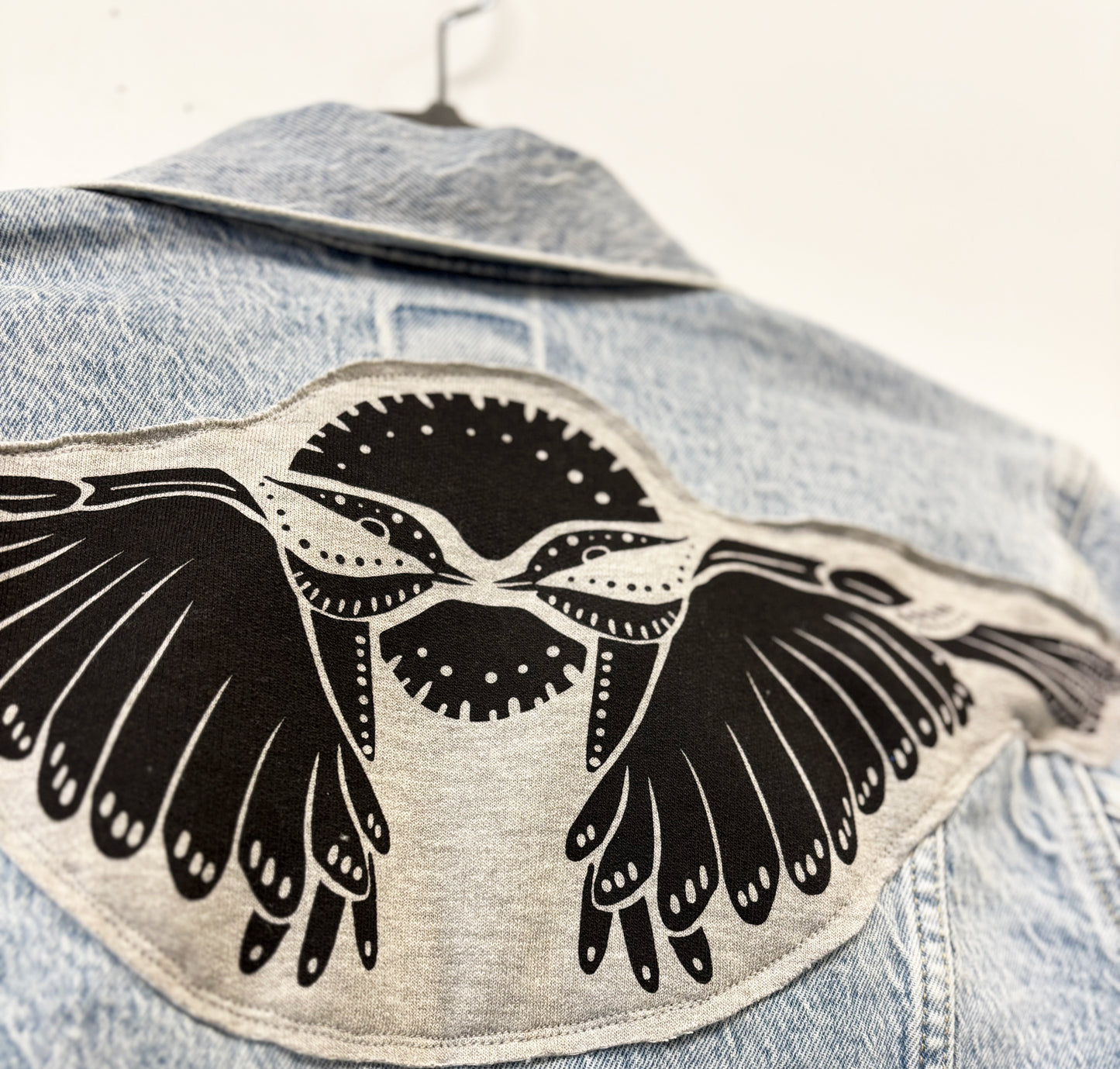 One of a Kind Upcycled Denim Jacket with Hand Printed Symmetrical Birds