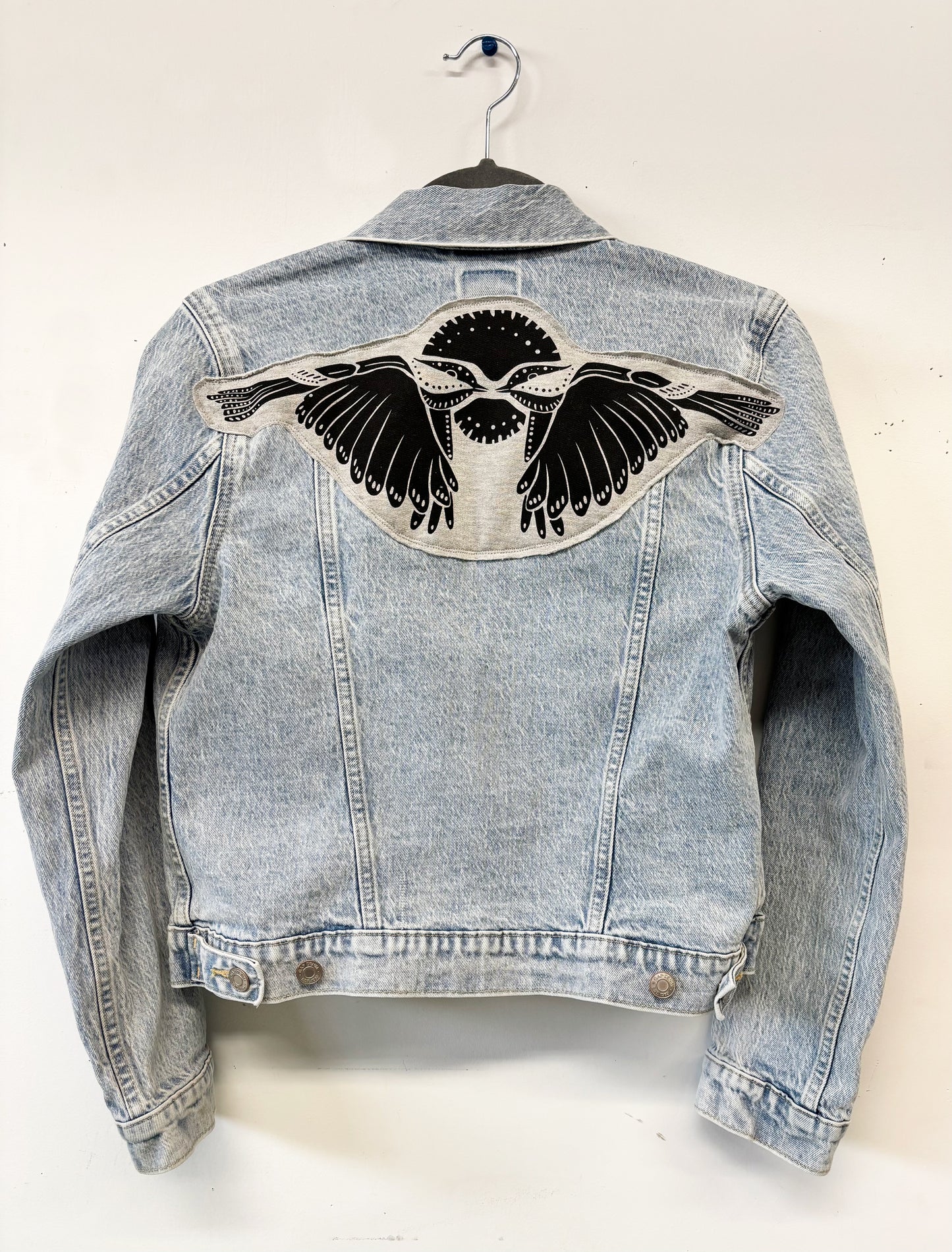 One of a Kind Upcycled Denim Jacket with Hand Printed Symmetrical Birds