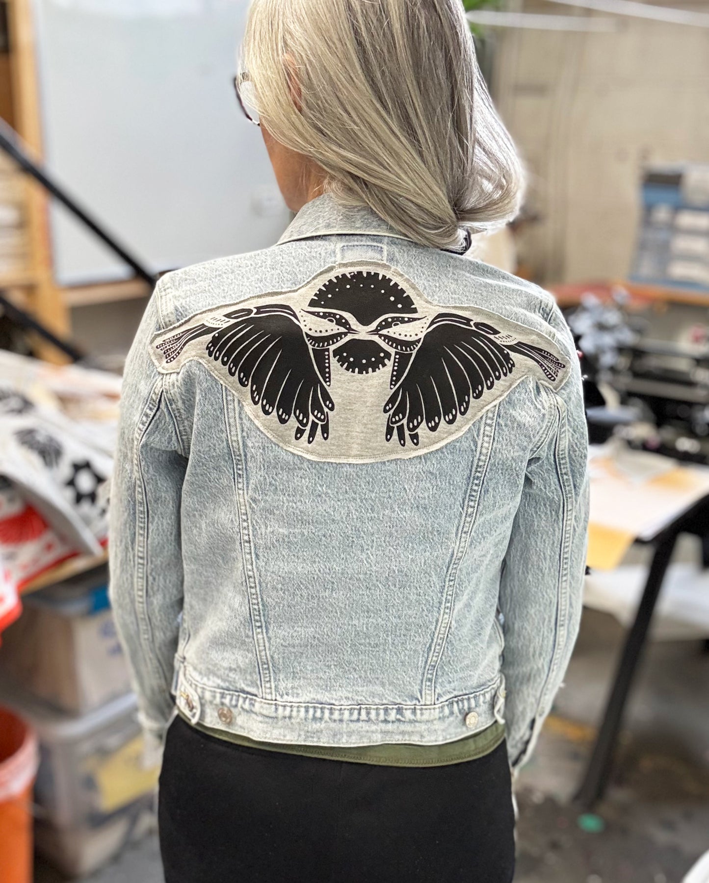 One of a Kind Upcycled Denim Jacket with Hand Printed Symmetrical Birds