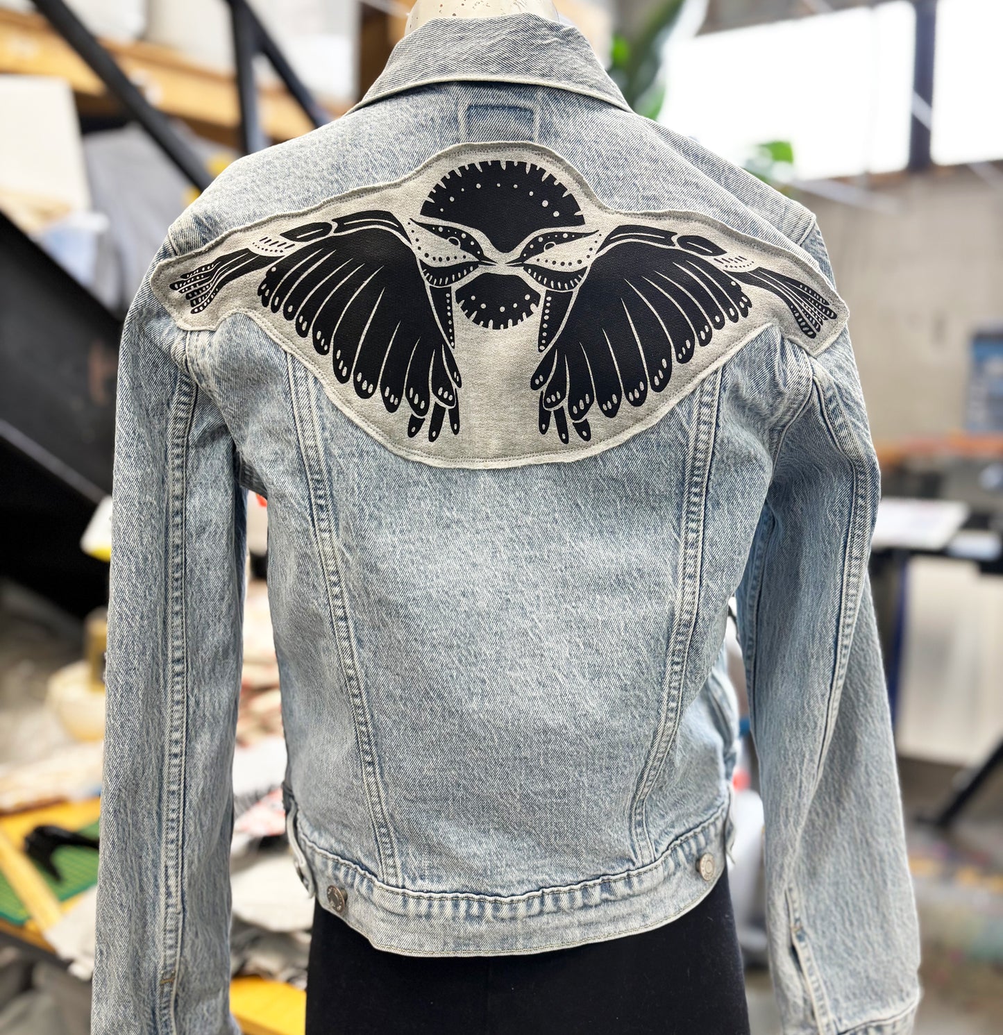 One of a Kind Upcycled Denim Jacket with Hand Printed Symmetrical Birds