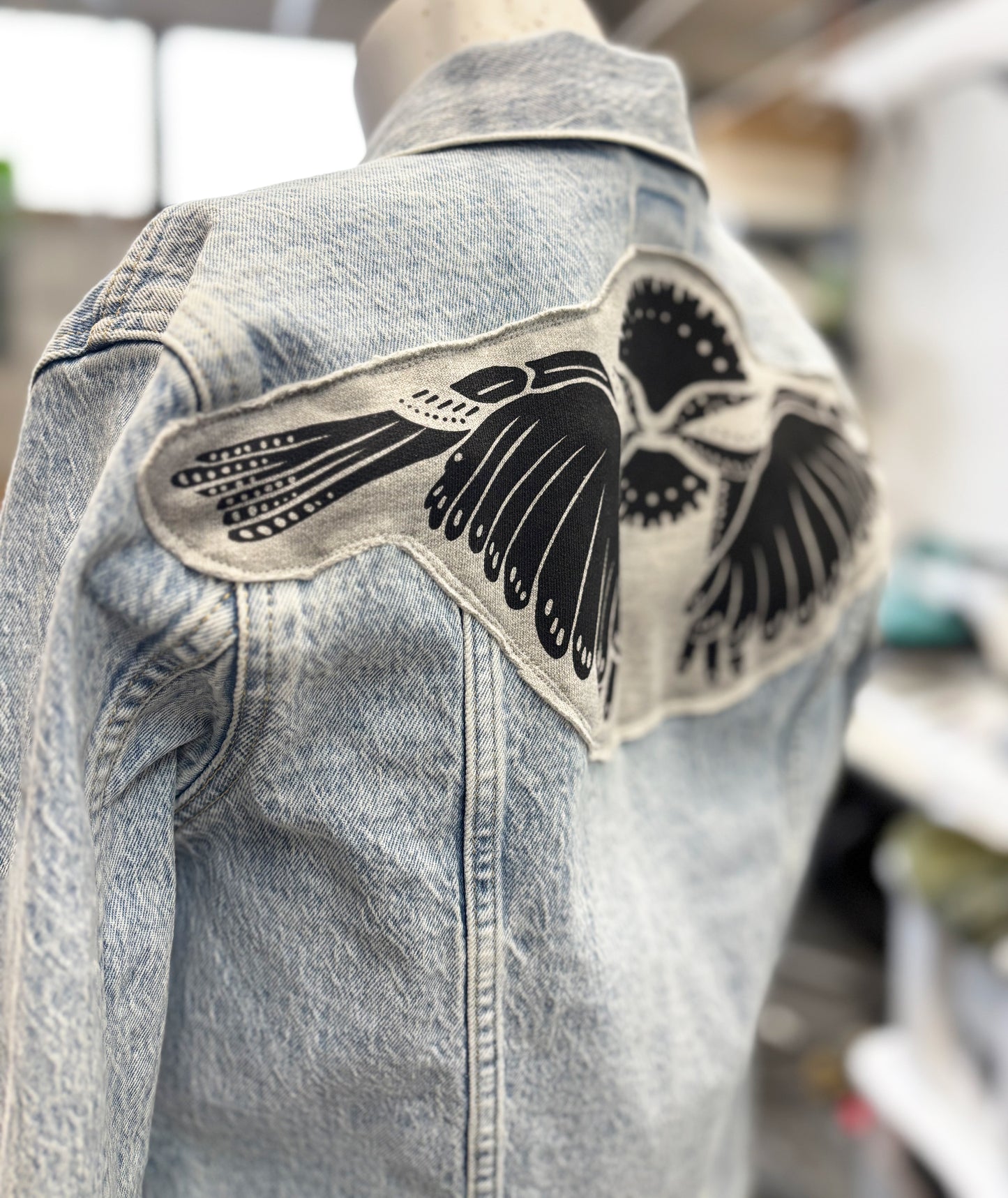 One of a Kind Upcycled Denim Jacket with Hand Printed Symmetrical Birds