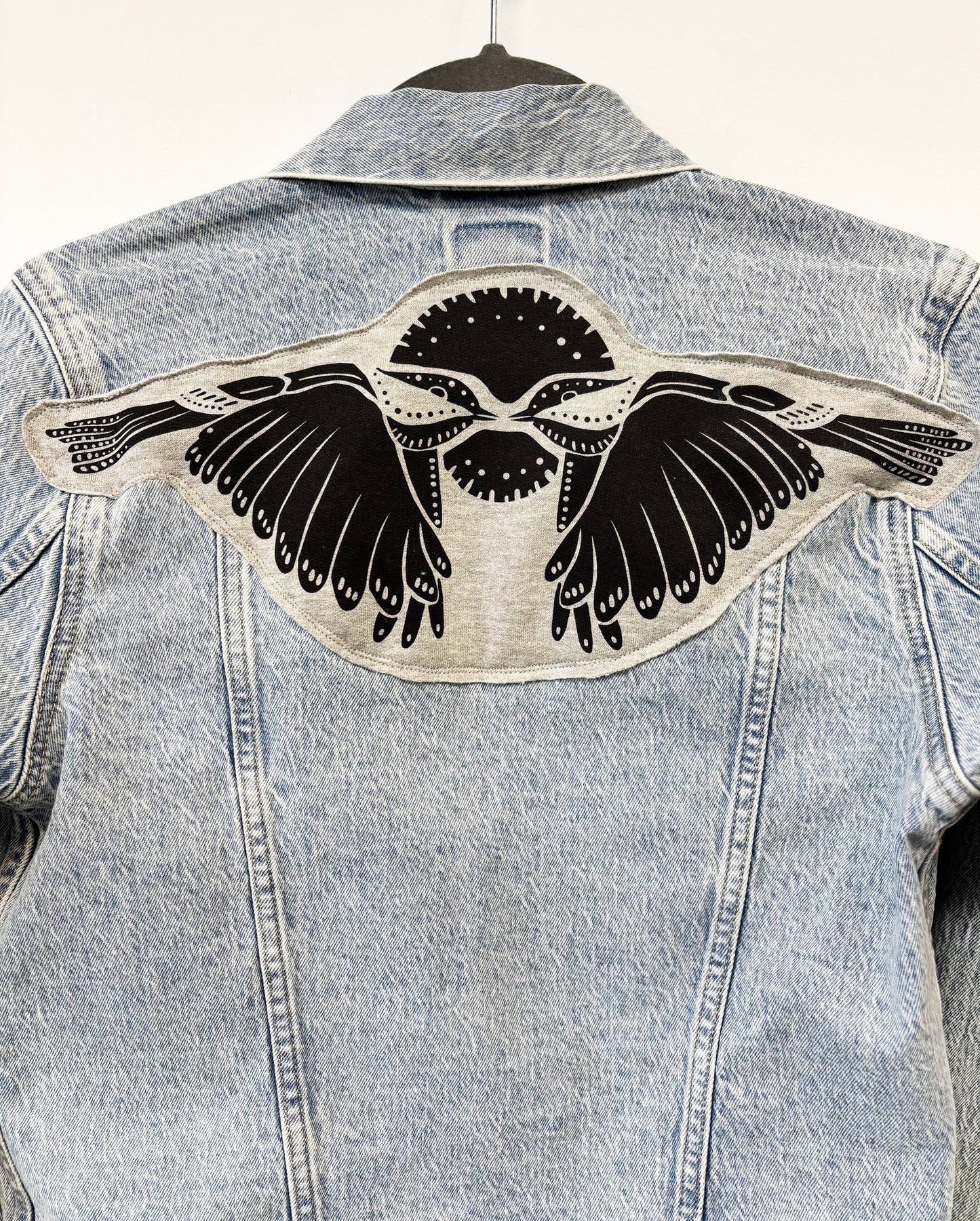 One of a Kind Upcycled Denim Jacket with Hand Printed Symmetrical Birds