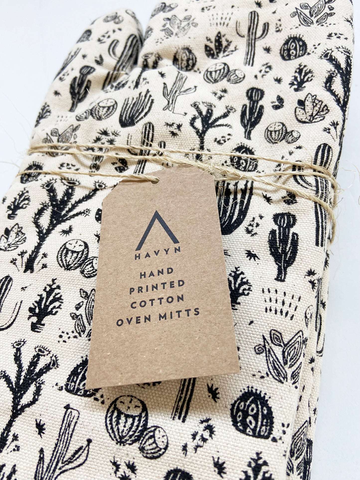 Oven Mitts Set - Desert Cactus Pattern - Natural Cotton Canvas