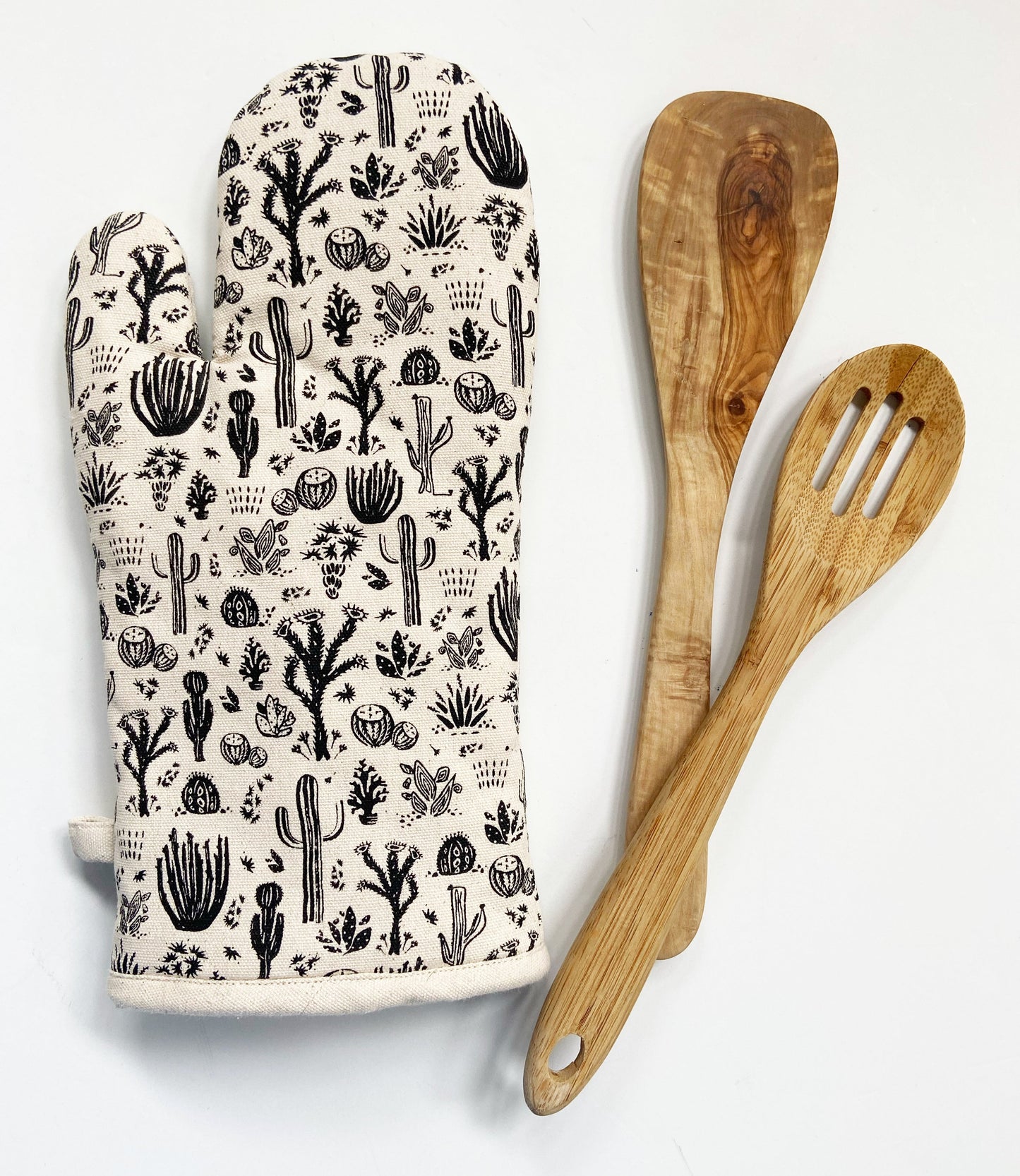 Oven Mitts Set - Desert Cactus Pattern - Natural Cotton Canvas