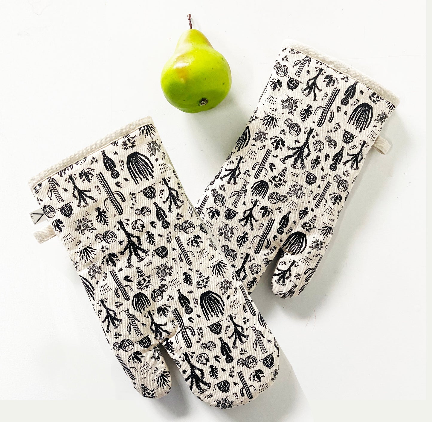 Oven Mitts Set - Desert Cactus Pattern - Natural Cotton Canvas