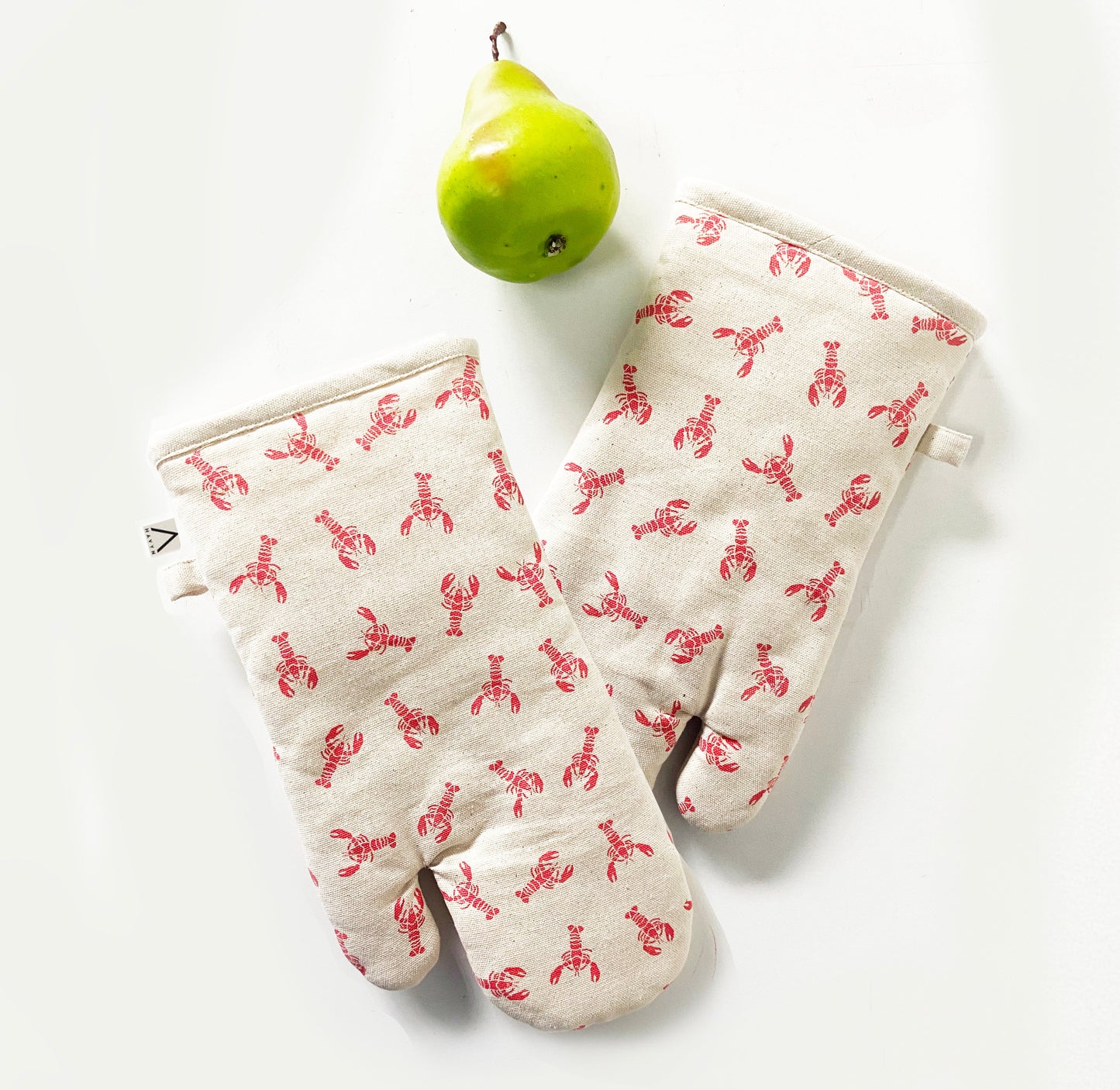 Oven Mitts Set - Lobster Pattern - Natural Cotton Canvas