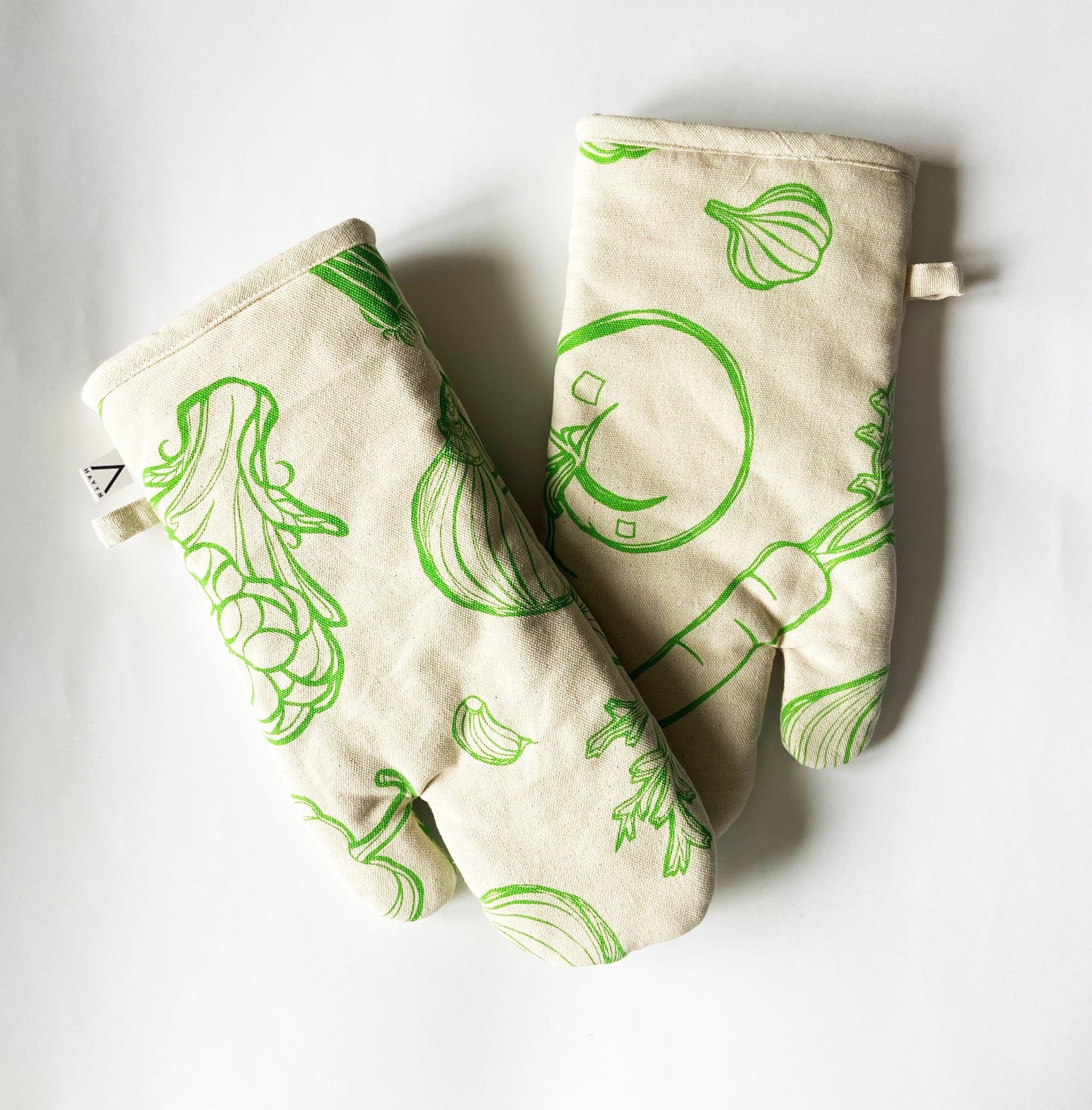 Oven Mitts Set - Large Veggies Pattern - Natural Cotton Canvas