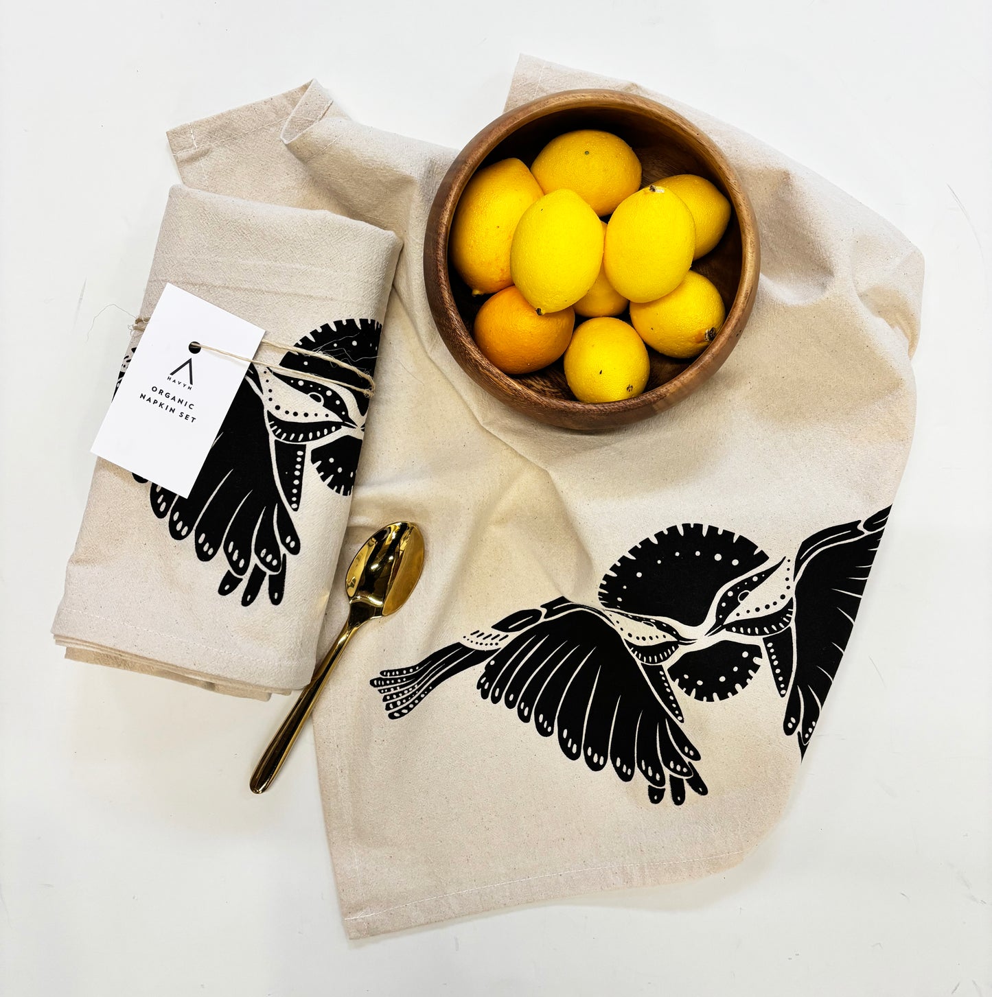 2 Birds and Sun Organic Hand Printed Napkins Set of 4 or 8