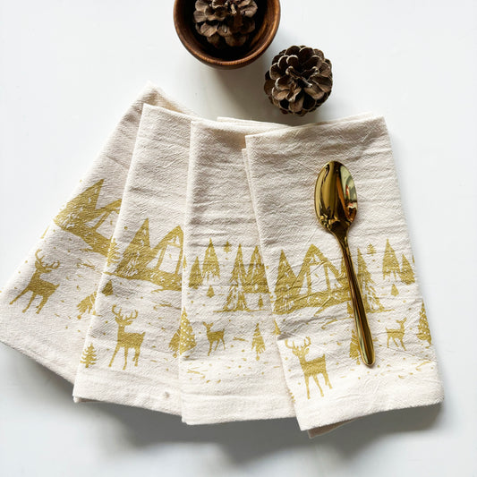 Organic Golden Winter Scene Hand Printed Napkins Set of 4 or 8