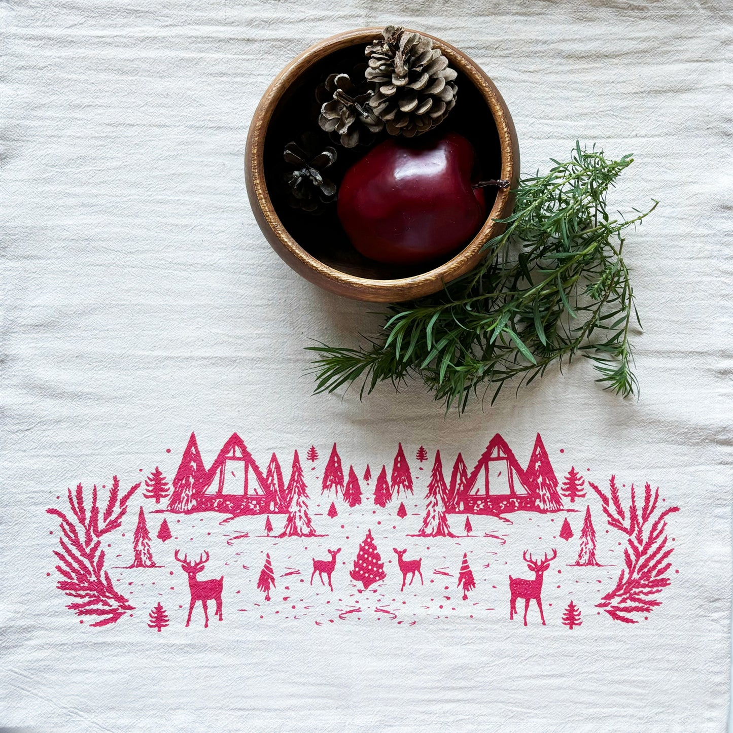 Organic RED Winter Scene Hand Printed Napkins Set of 4 or 8