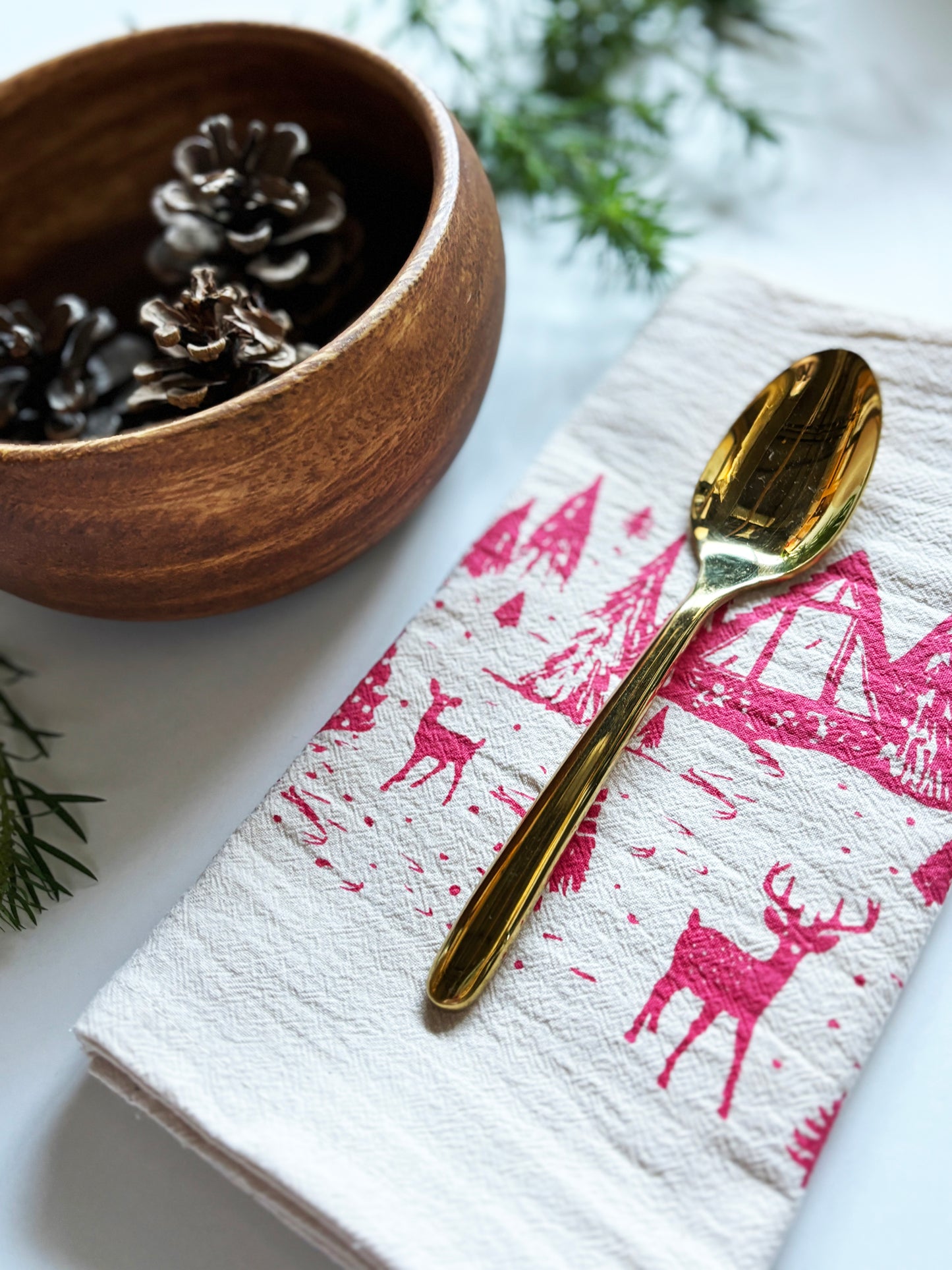 Organic RED Winter Scene Hand Printed Napkins Set of 4 or 8