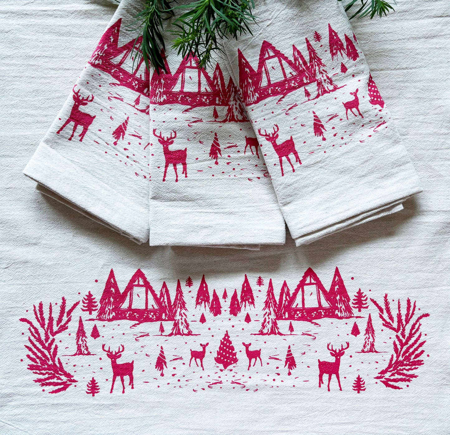 Organic RED Winter Scene Hand Printed Napkins Set of 4 or 8