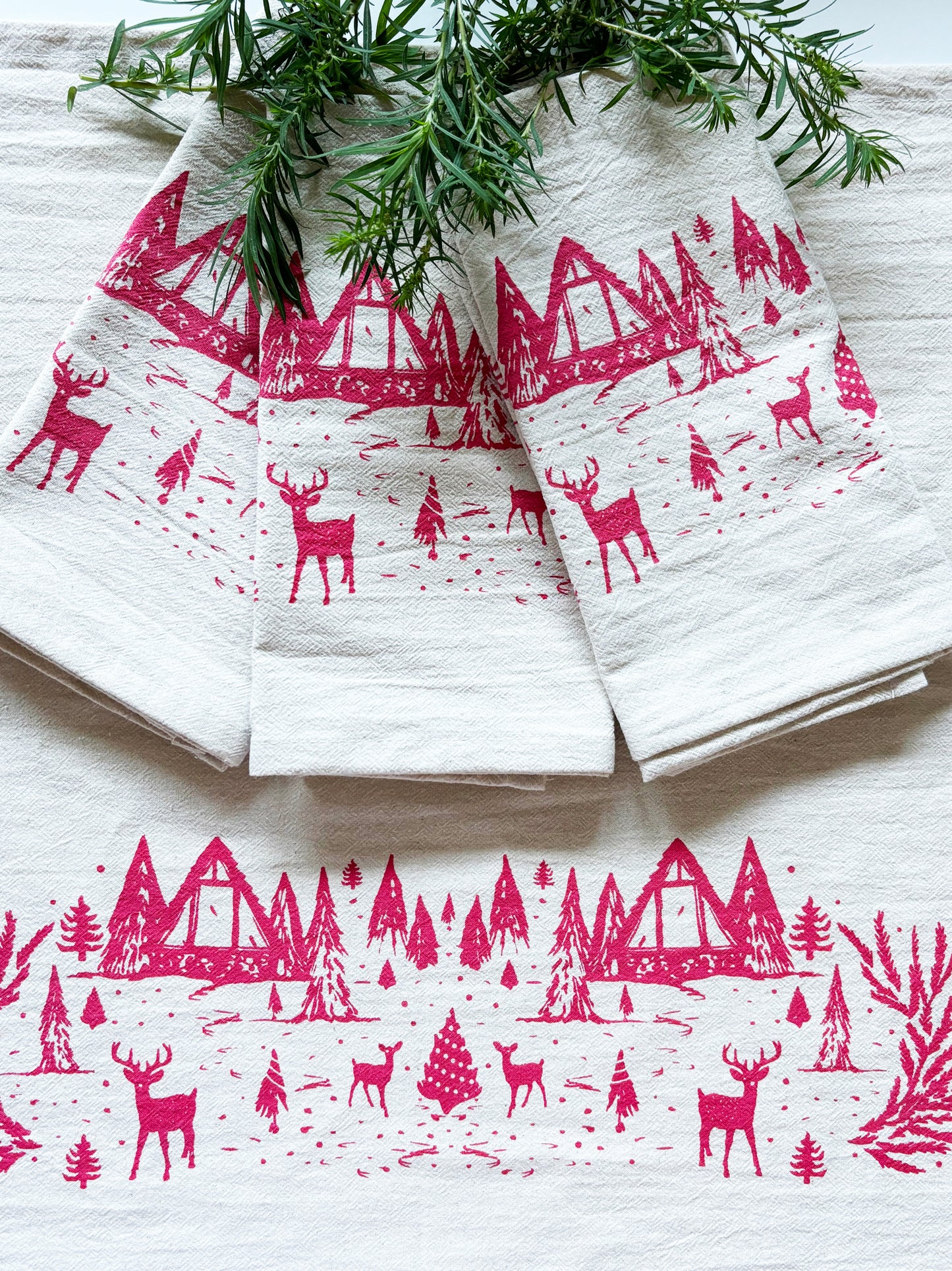 Organic RED Winter Scene Hand Printed Napkins Set of 4 or 8