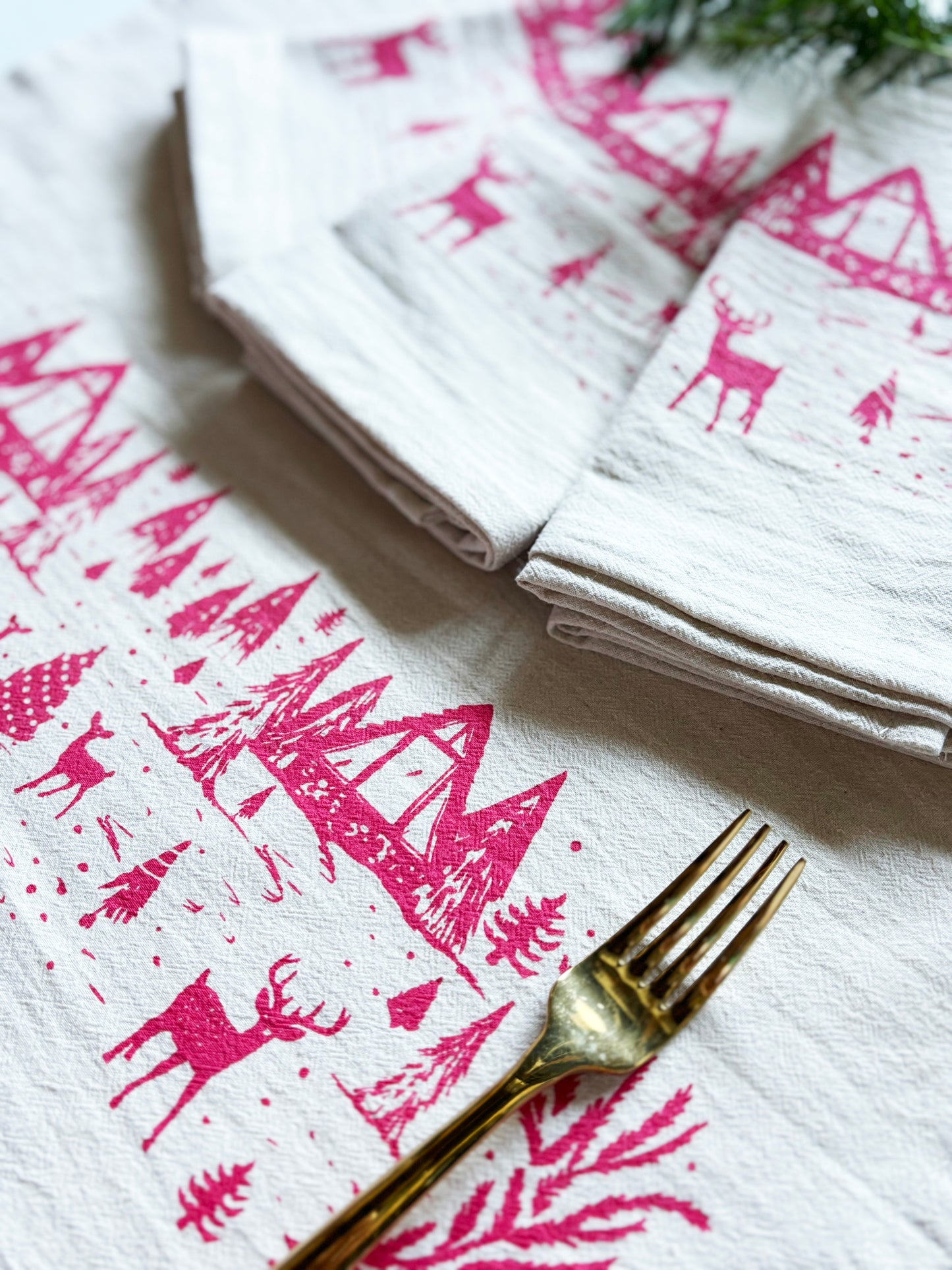 Organic RED Winter Scene Hand Printed Napkins Set of 4 or 8