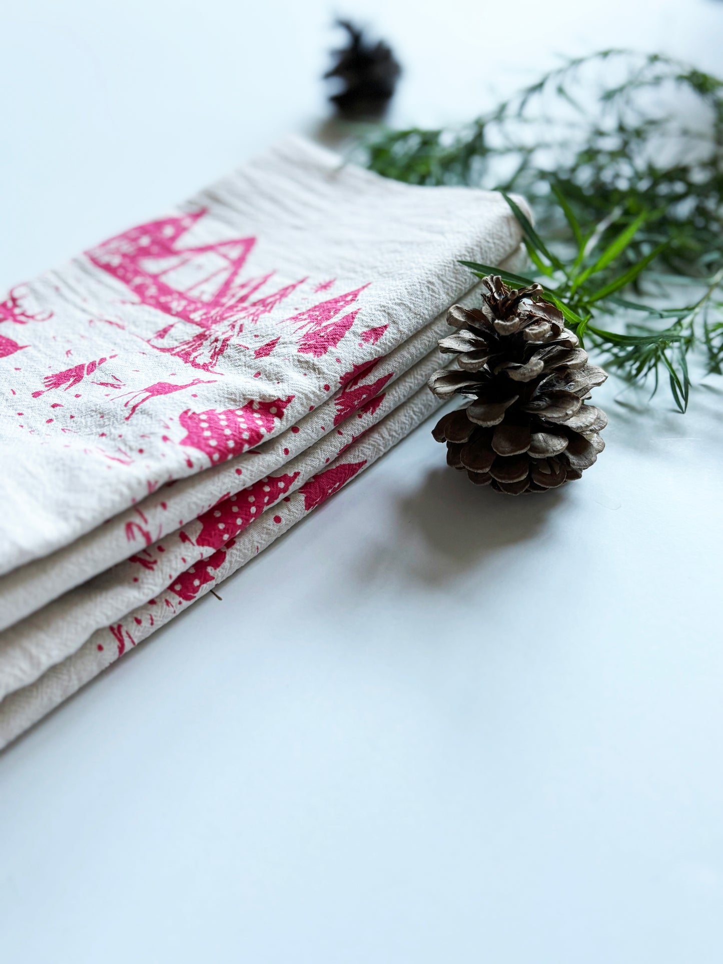 Organic RED Winter Scene Hand Printed Napkins Set of 4 or 8