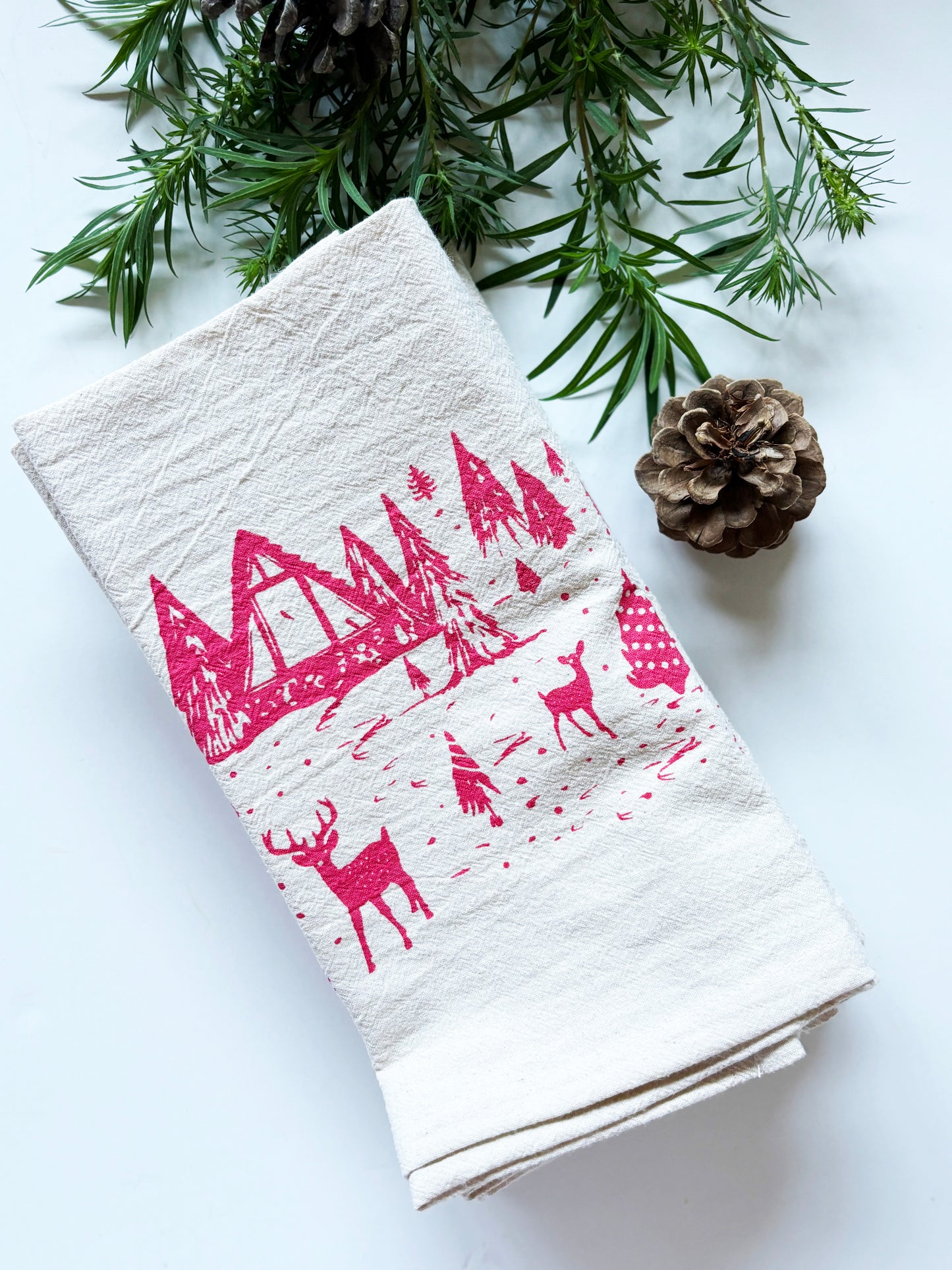 Organic RED Winter Scene Hand Printed Napkins Set of 4 or 8