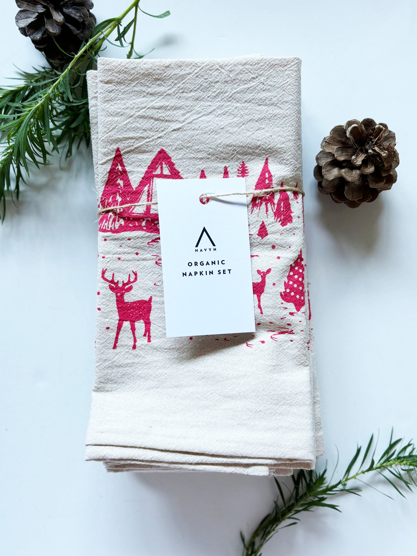 Organic RED Winter Scene Hand Printed Napkins Set of 4 or 8