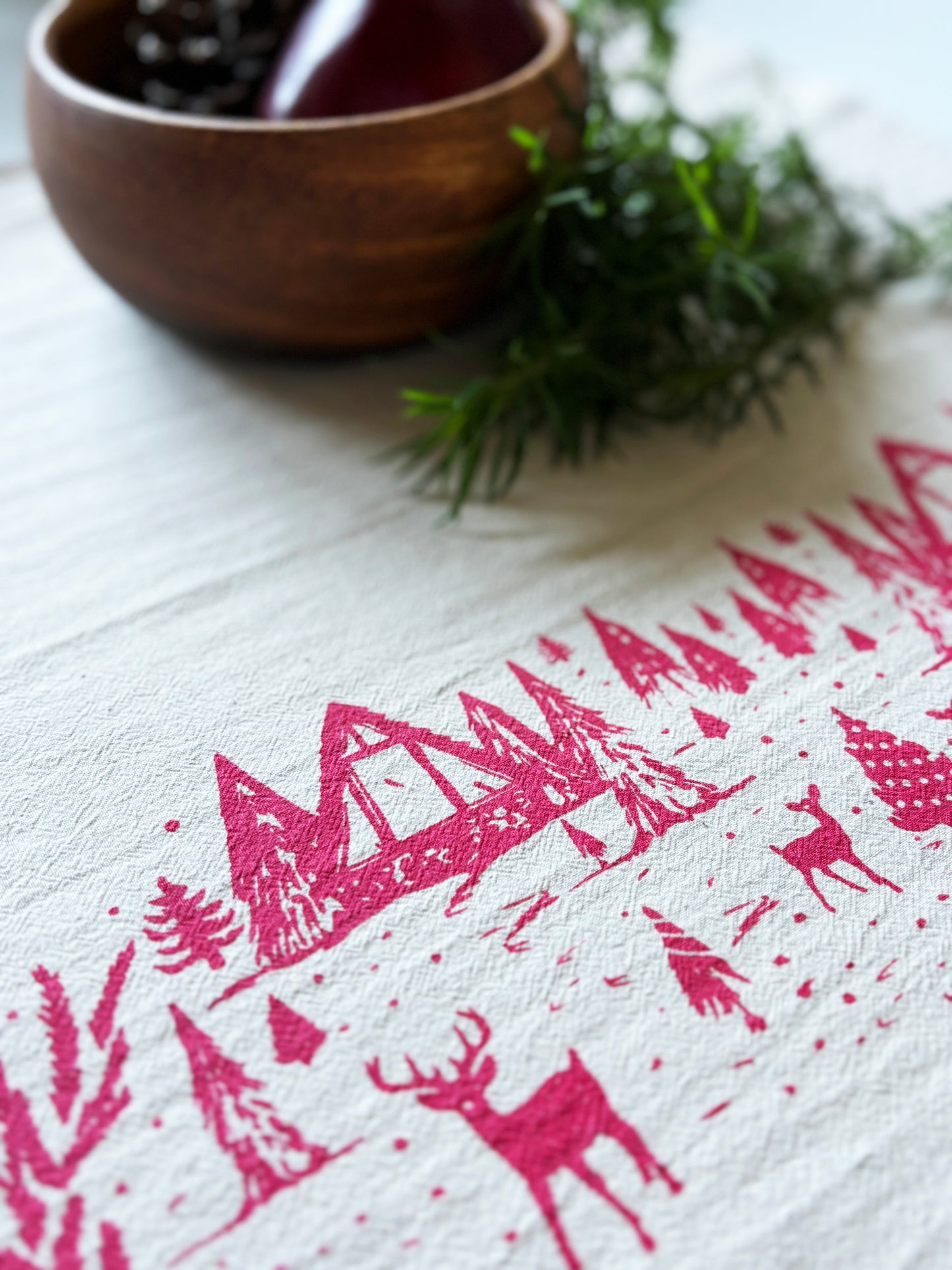 Organic RED Winter Scene Hand Printed Napkins Set of 4 or 8