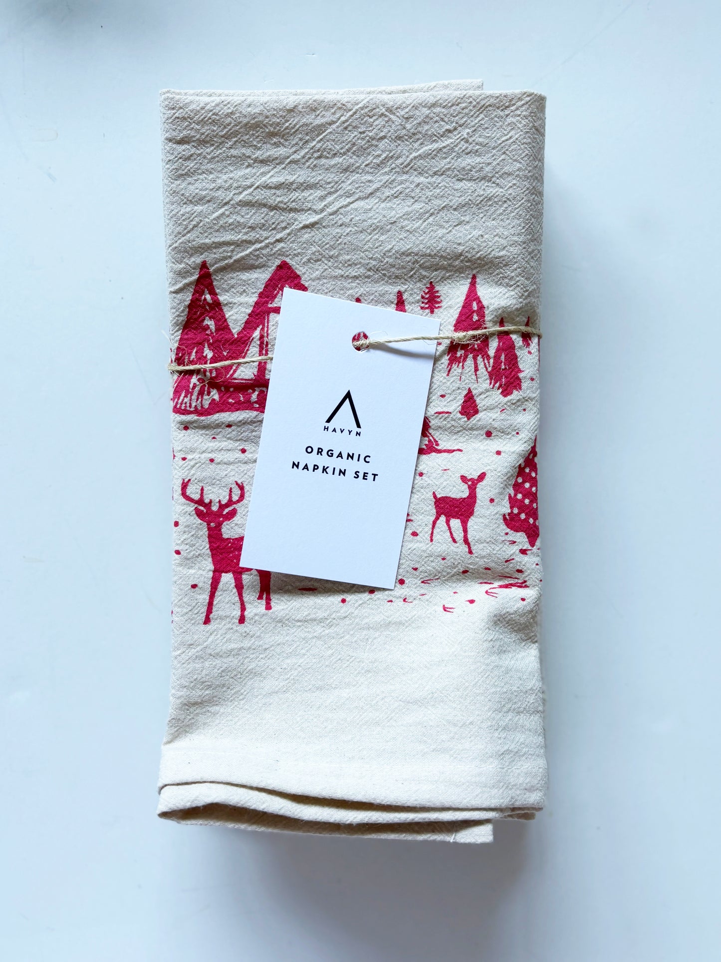 Organic RED Winter Scene Hand Printed Napkins Set of 4 or 8