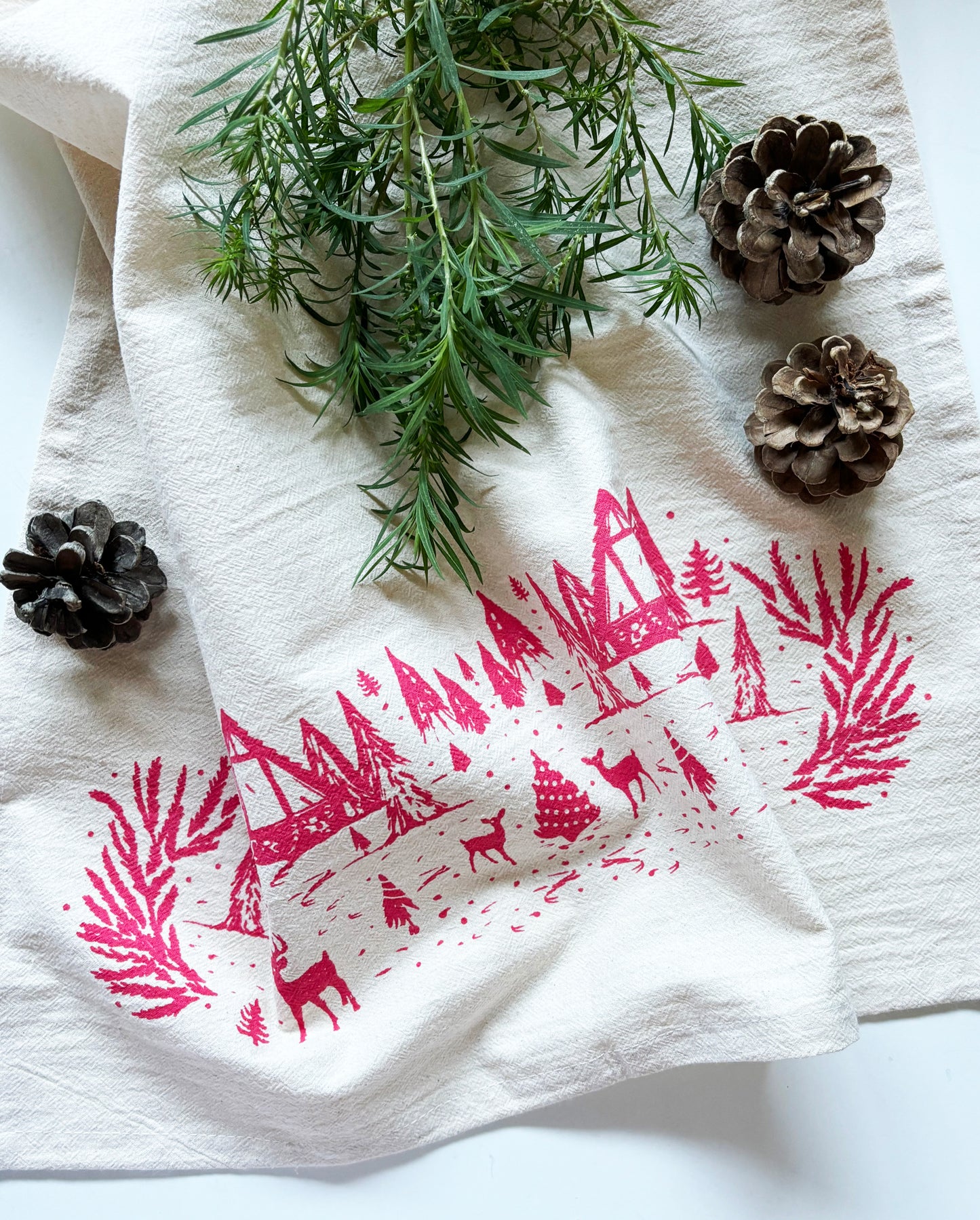 Organic RED Winter Scene Hand Printed Napkins Set of 4 or 8