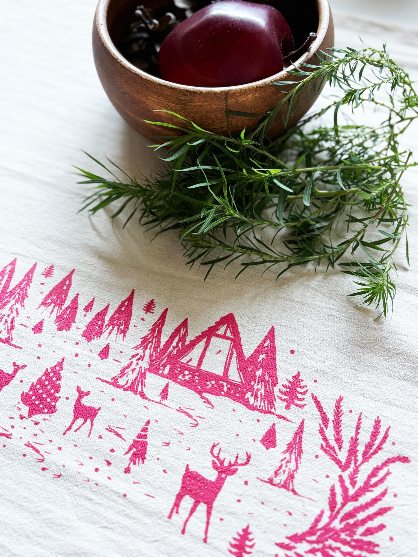 Organic RED Winter Scene Hand Printed Napkins Set of 4 or 8