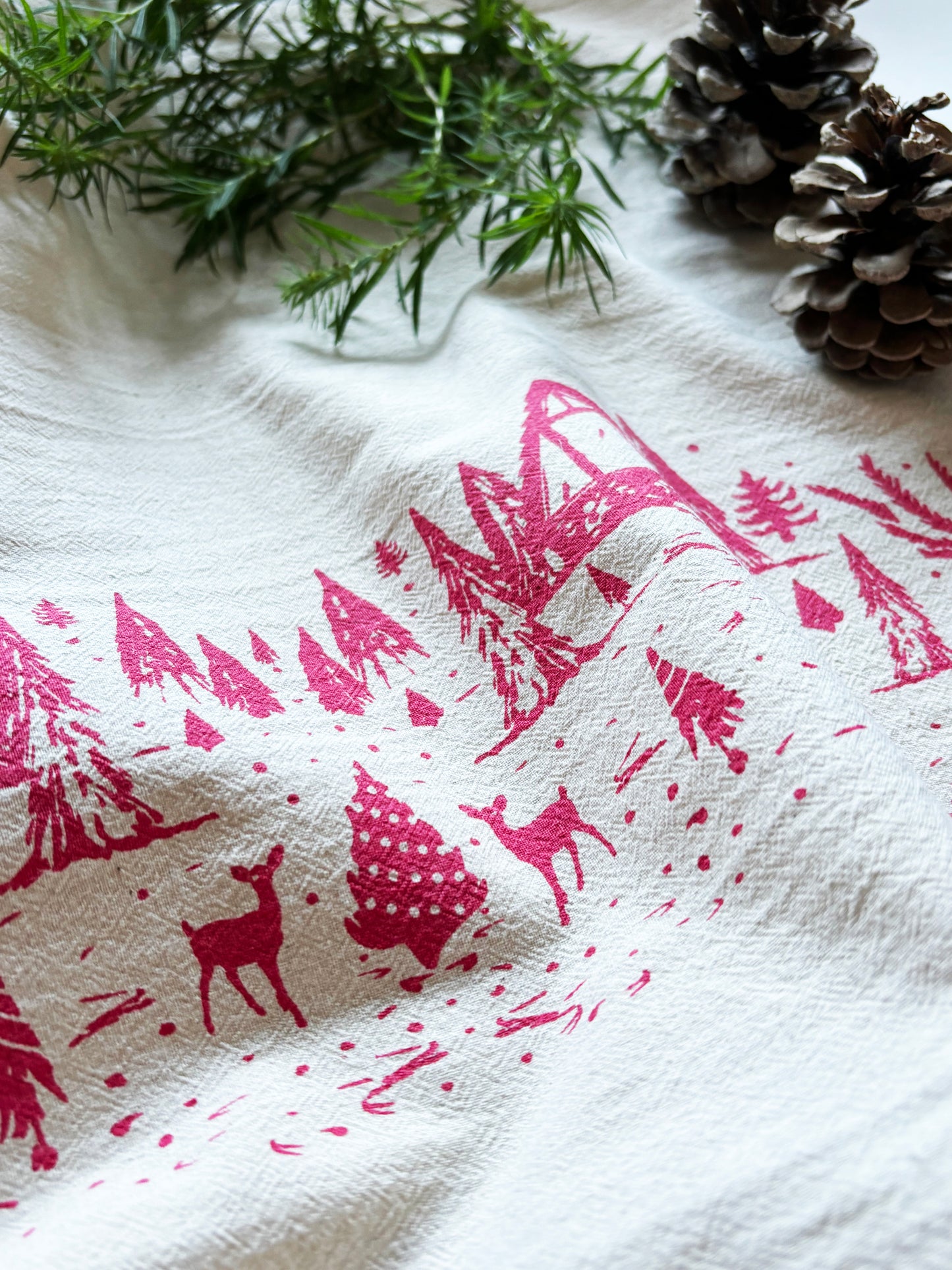 Organic RED Winter Scene Hand Printed Napkins Set of 4 or 8