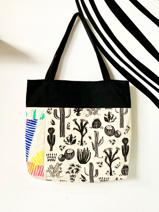 One of a Kind Tote Bag | Hand Made and Printed | Cactus Pink Black - 03