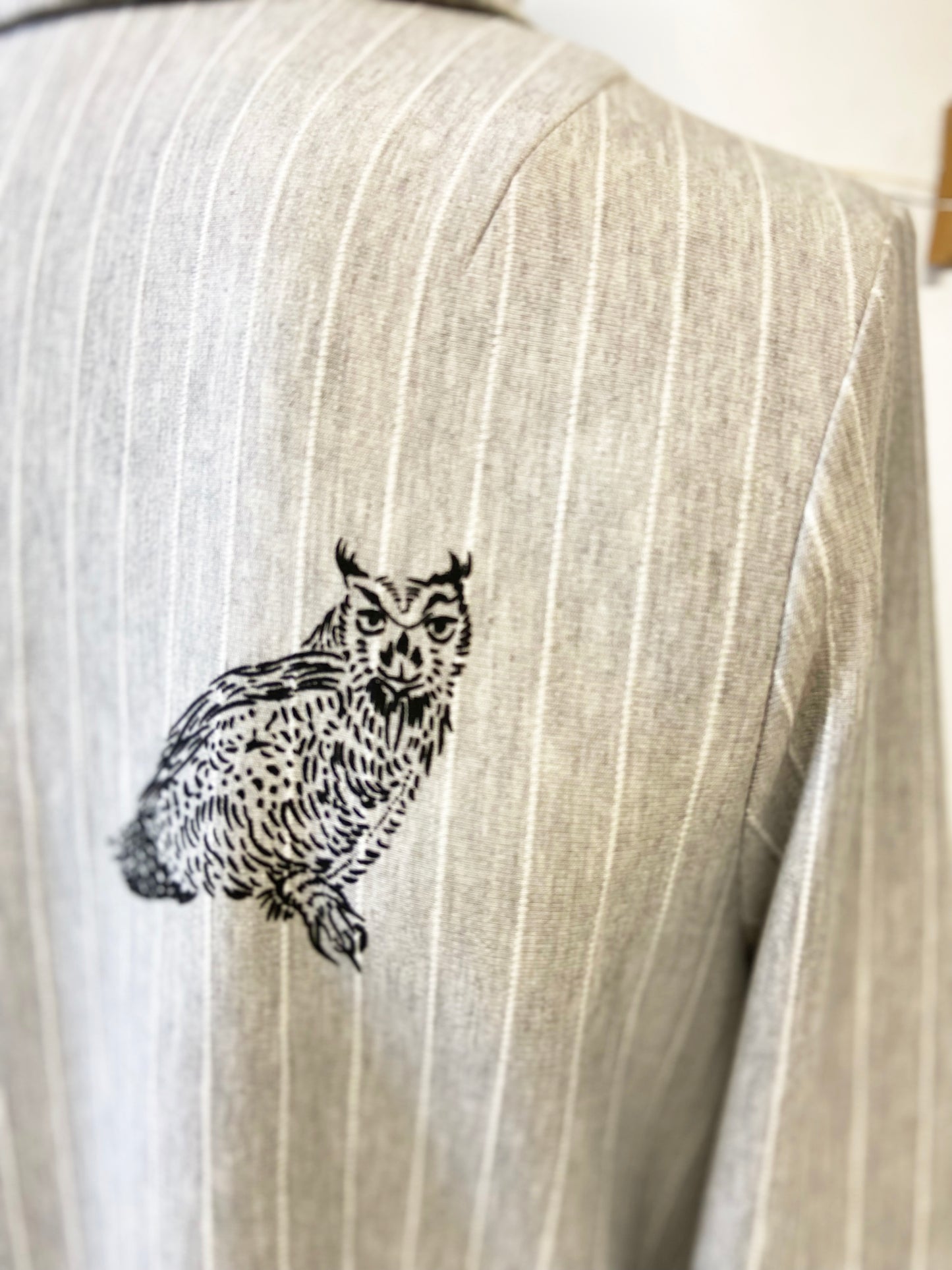 One of a Kind Hand Printed Owls on Light Grey Pinstriped Blazer