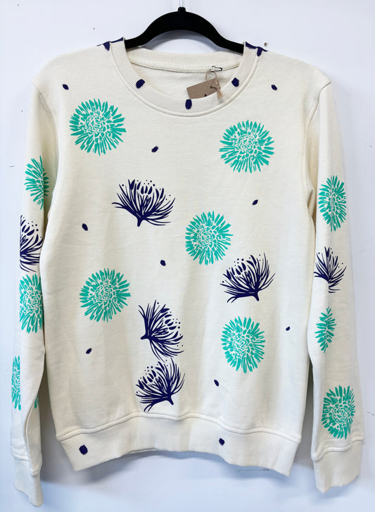 Cream Crewneck - Purple and Teal Flowers - Hand Printed - One of a Kind - Apparel