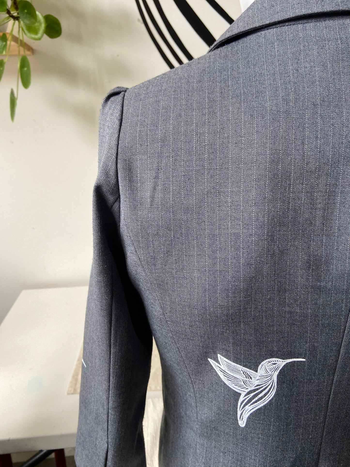 One of a Kind Hand Printed Hummingbirds on Pinstriped Blazer