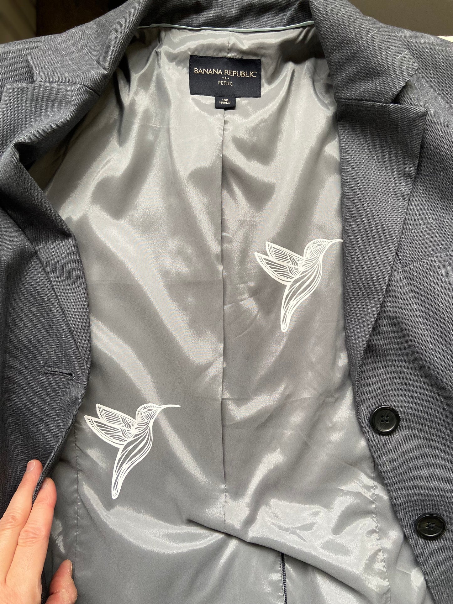 One of a Kind Hand Printed Hummingbirds on Pinstriped Blazer