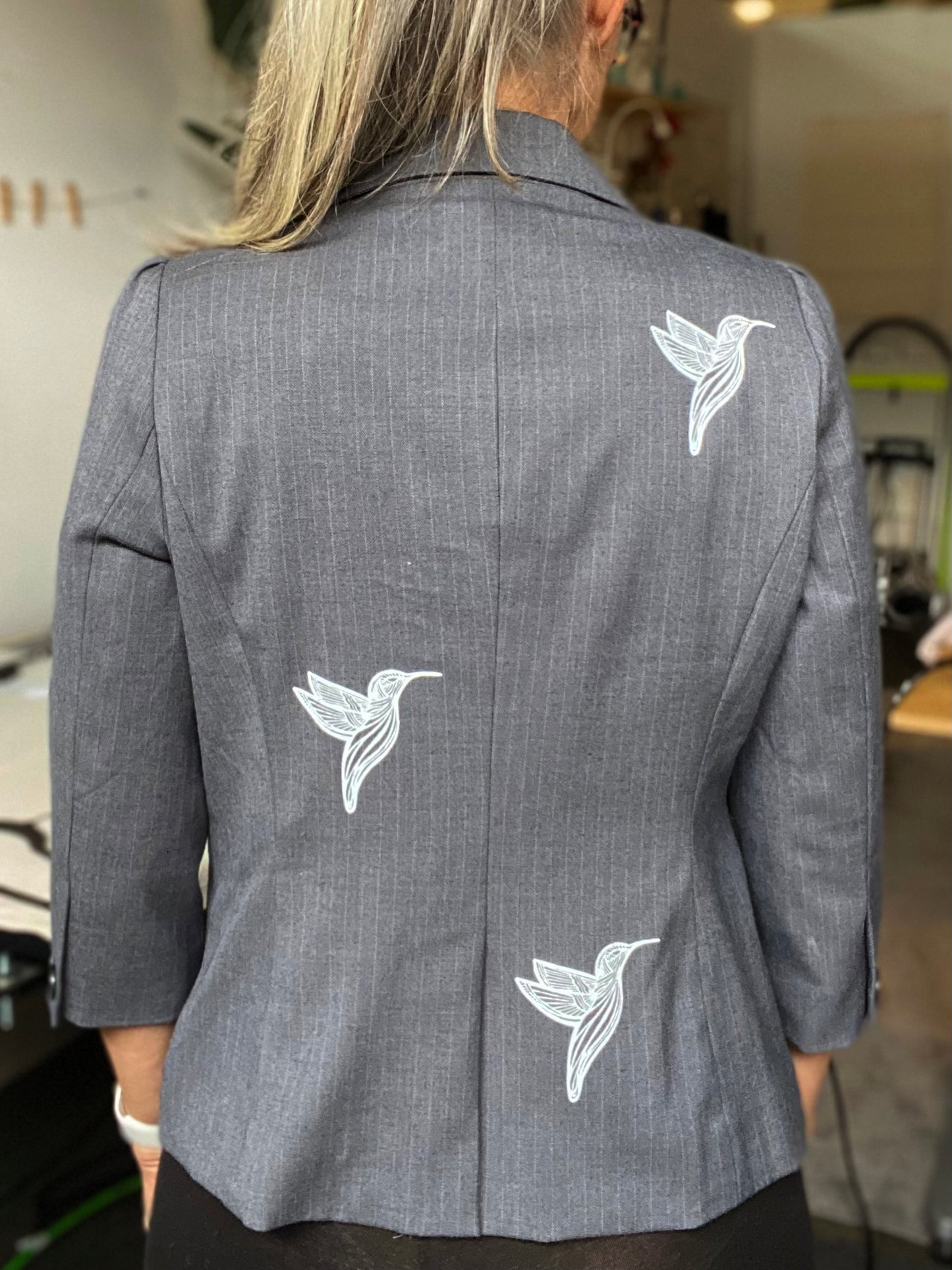 One of a Kind Hand Printed Hummingbirds on Pinstriped Blazer