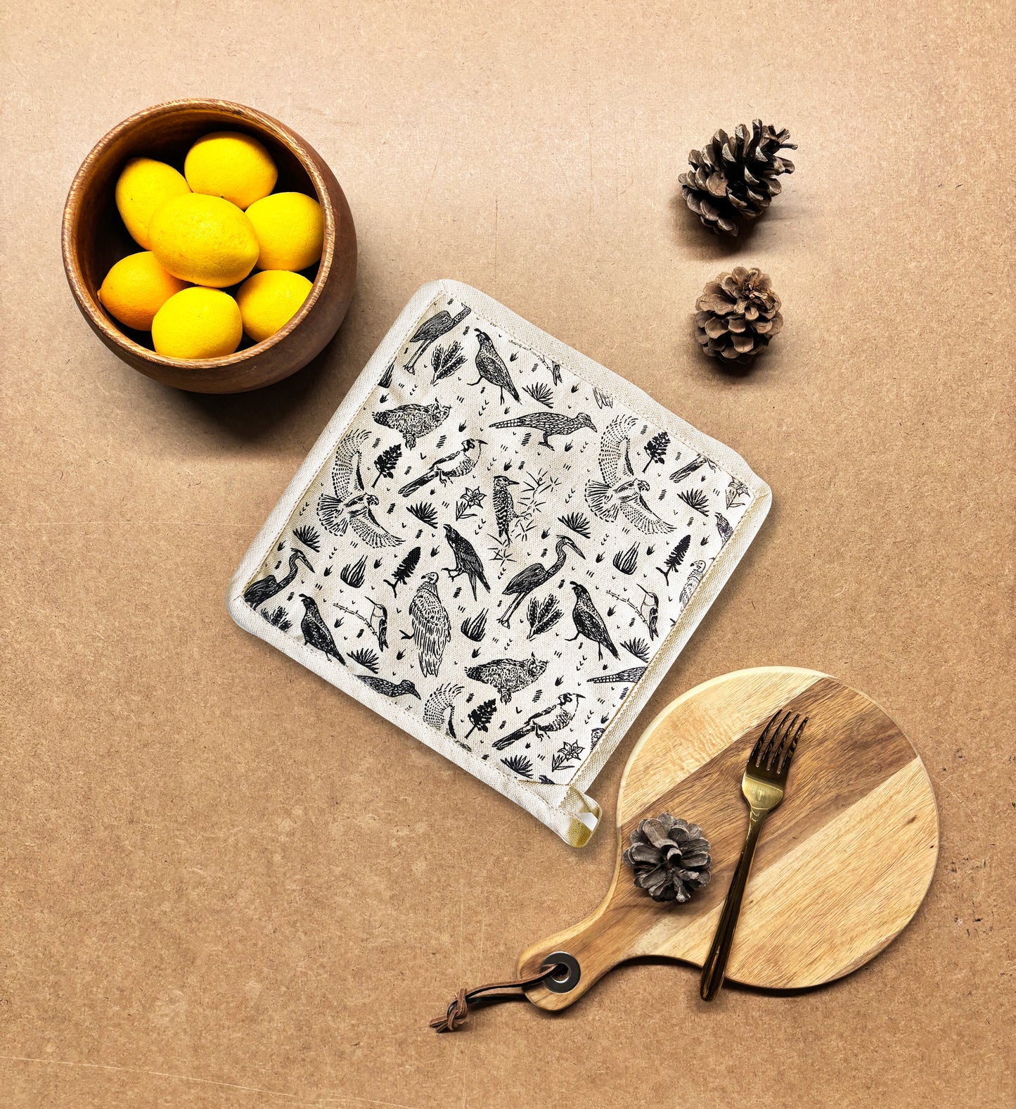 Pot Holder Set of 2 Hand Screen Printed Natural - Prey Birds