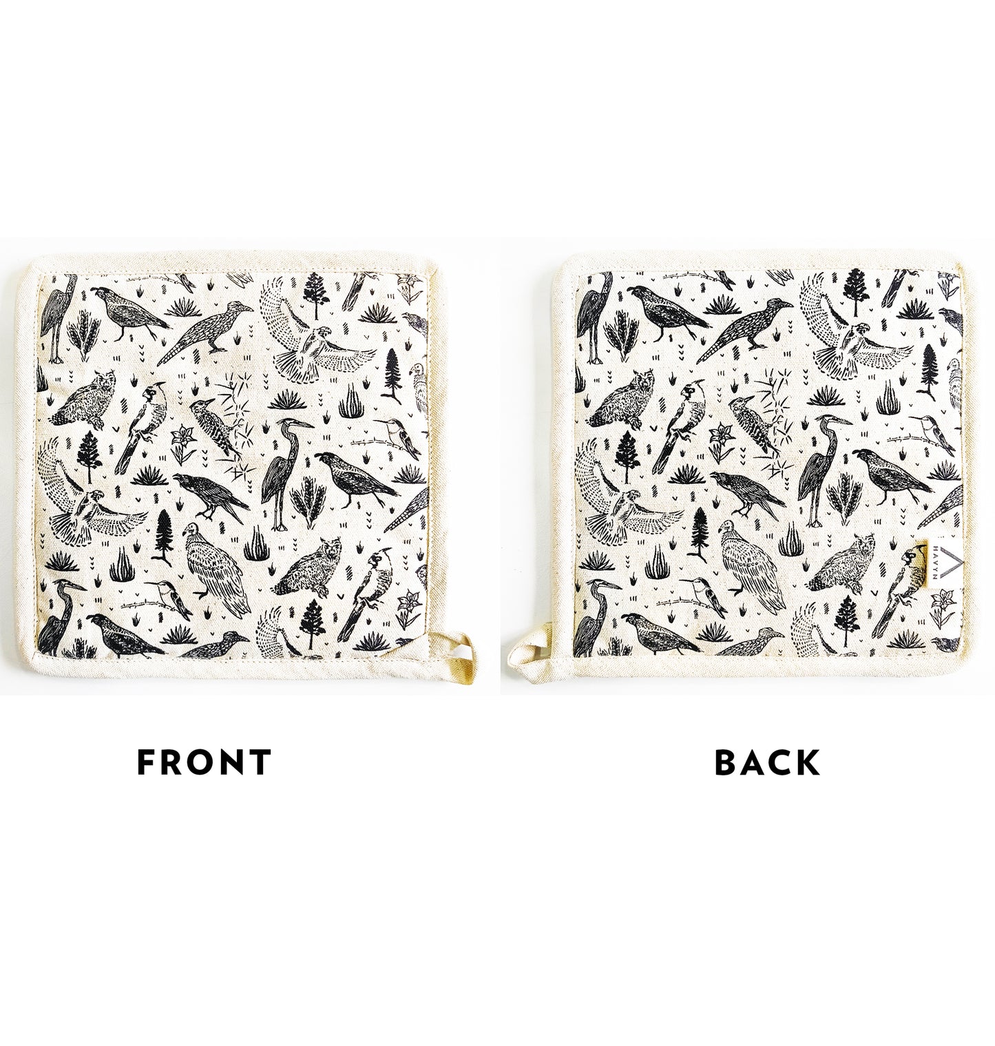 Pot Holder Set of 2 Hand Screen Printed Natural - Prey Birds
